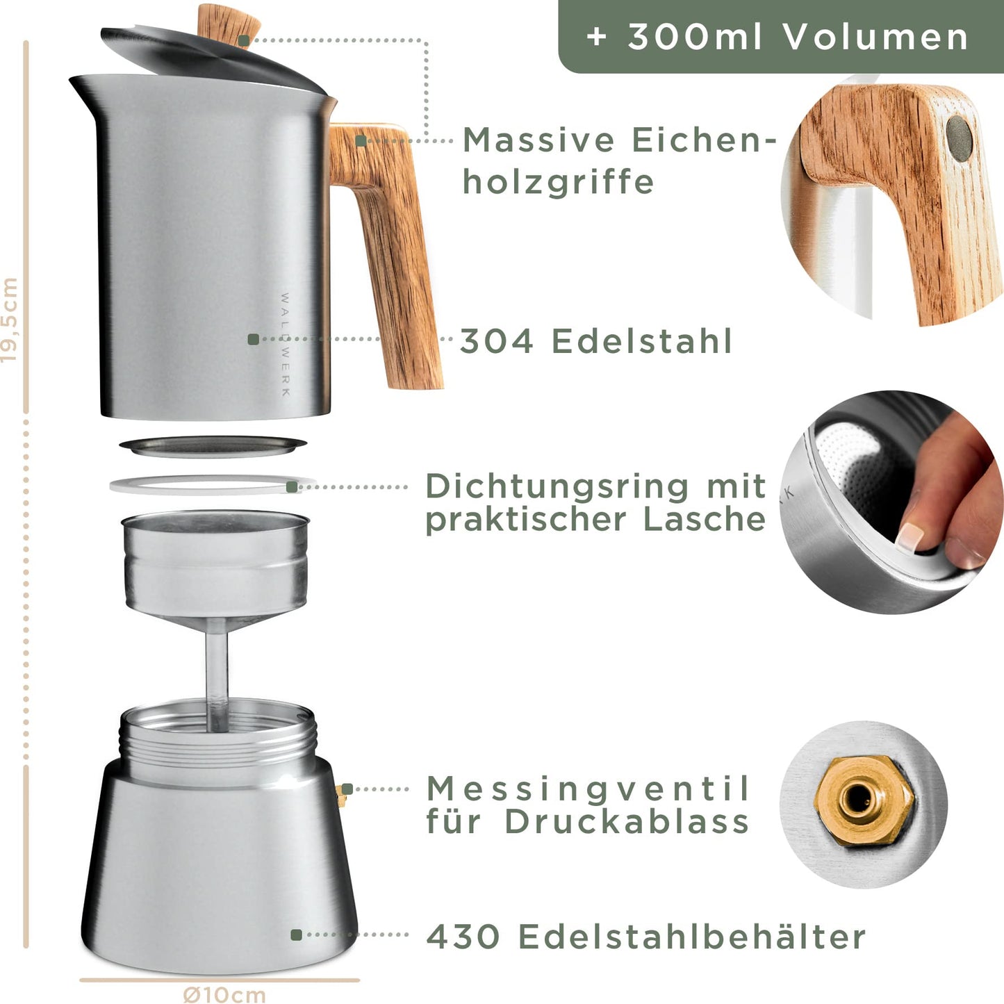 WALDWERK Espresso Maker (300 ml) – Espresso Maker Suitable for All Types of Cookers – Stainless Steel Mocha Pot with Wooden Handle Made of Real Oak Wood