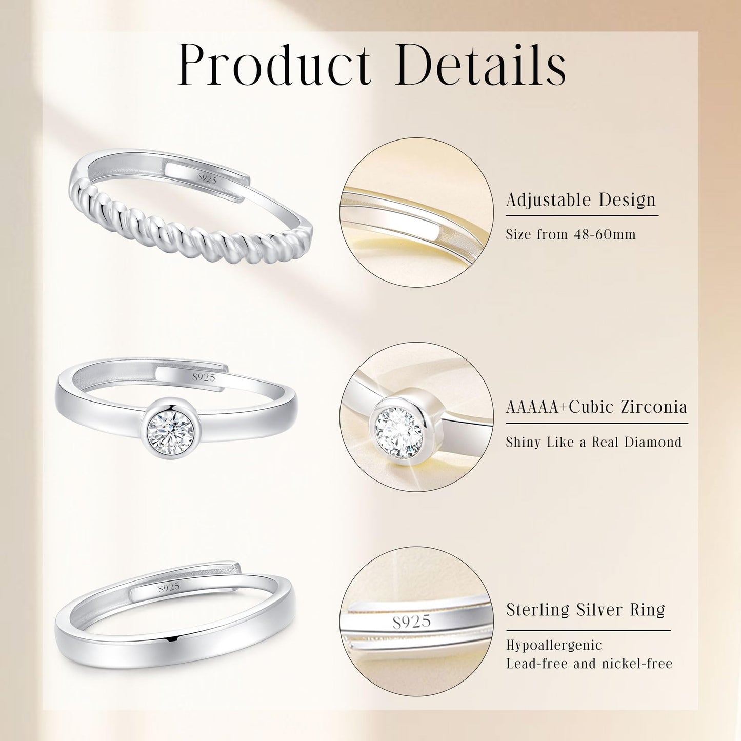 MUCCA 3-Piece 925 Sterling Silver Rings for Women