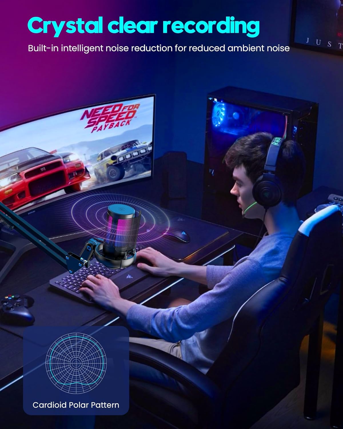 QIUOIO Gaming Mikrofon PC: USB Mikrofon Mit Arm - RGB Podcast Mikrofon - Streaming Mikrofon - Microphone for PC - Gaming Mic Fuer PS4/PS5/MAC - USB Micro PC - Gaming Mic