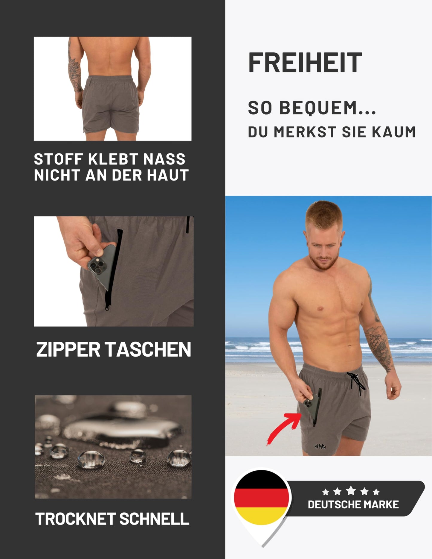 Men’s Designer Swim Shorts – Short Length with Zipper Pockets