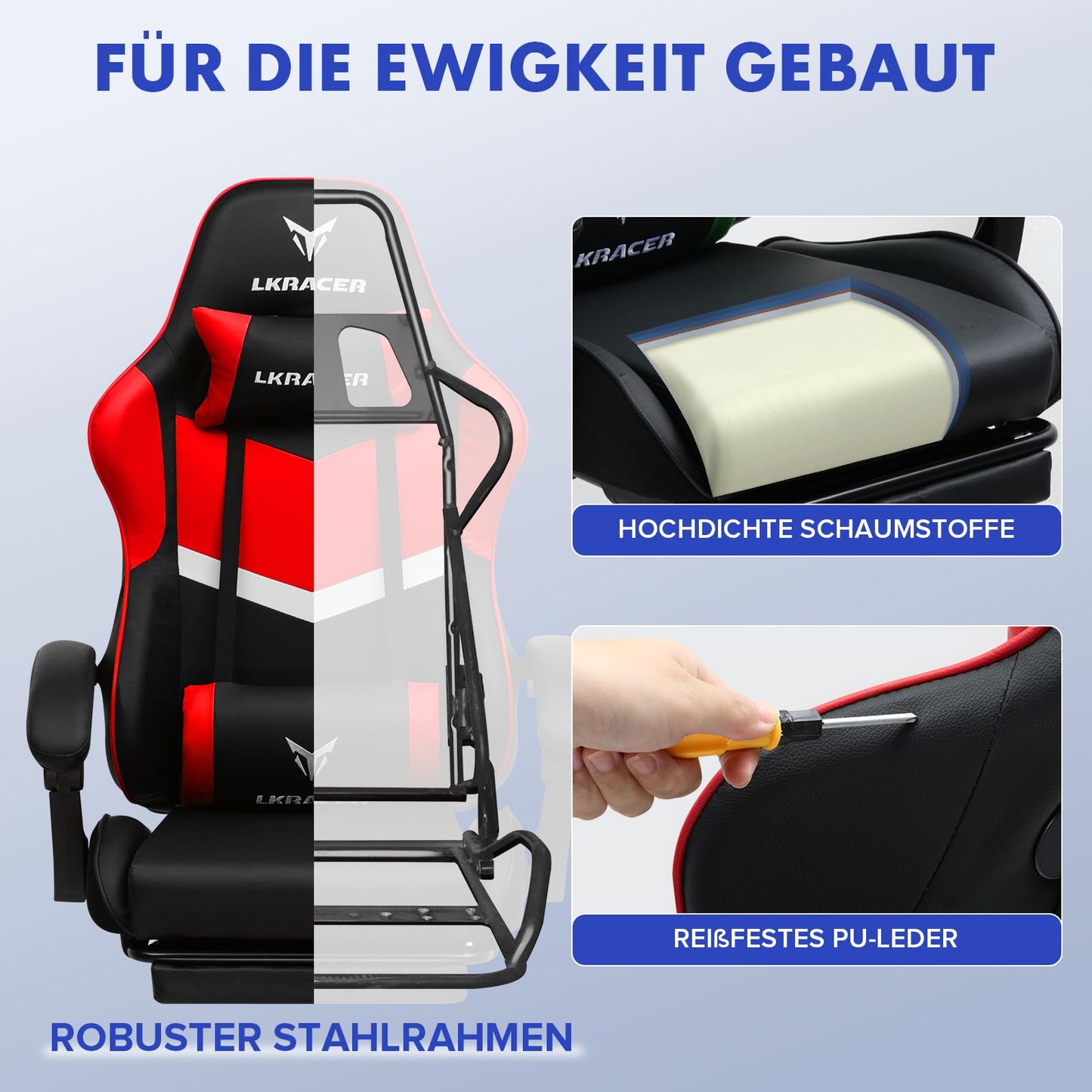 LUCKRACER Gaming Stuhl mit fußstütze Bürostuhl Ergonomisch mit verstellbare Lendenkissen, Kopfkissen Gaming Chair,Höhenverstellbarer Gamer Stuhl, 150 kg Belastbarkeit Grau