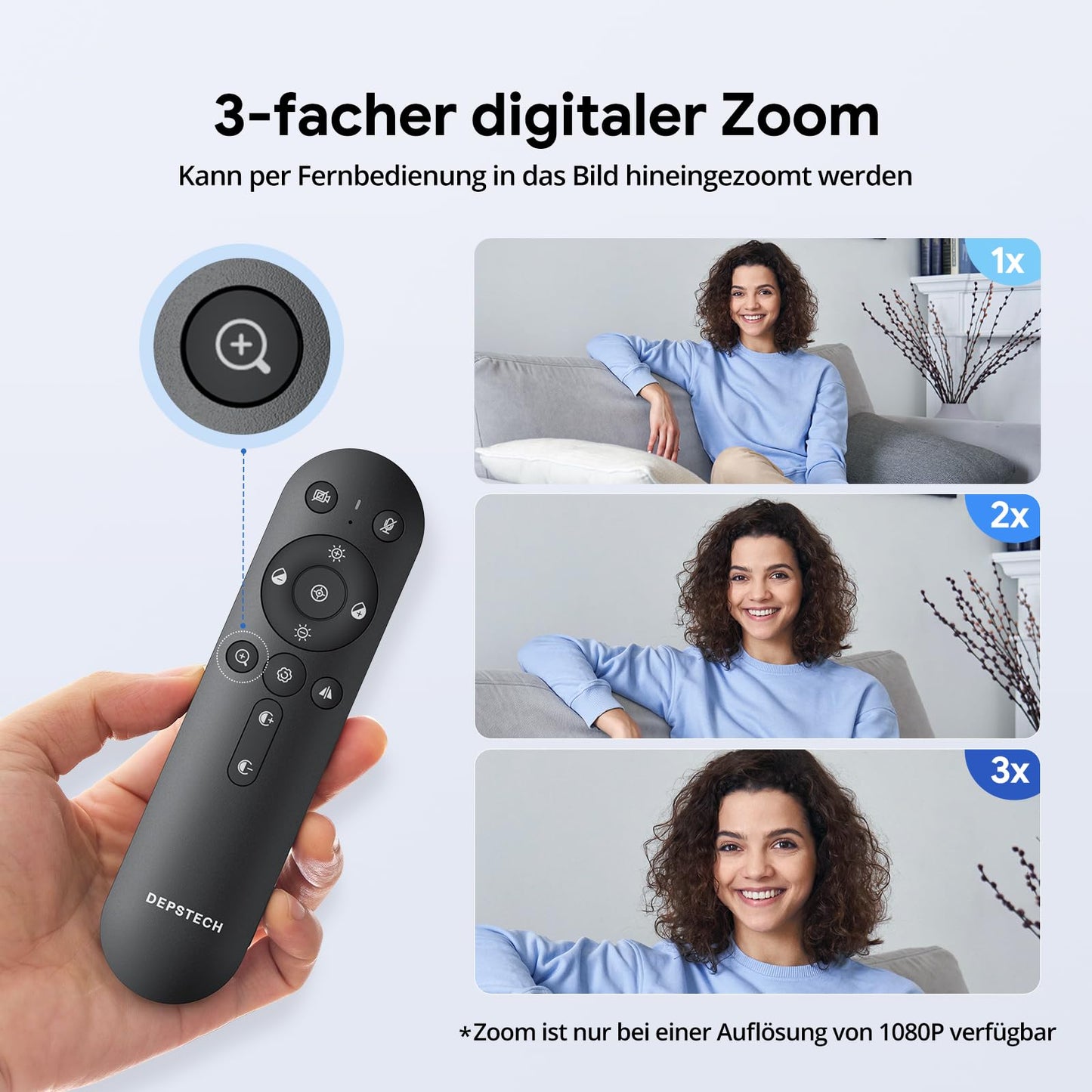 DEPSTECH DW50 Pro Webcam 4K, Ultra HD mit Mikrofon, 3-facher Zoom, 1/2.55 Sony Sensor, Duale Mics mit Geräuschunterdrückung, Fernbedienung, Autofokus Streaming Kamera für PC Laptop Mac, Teams