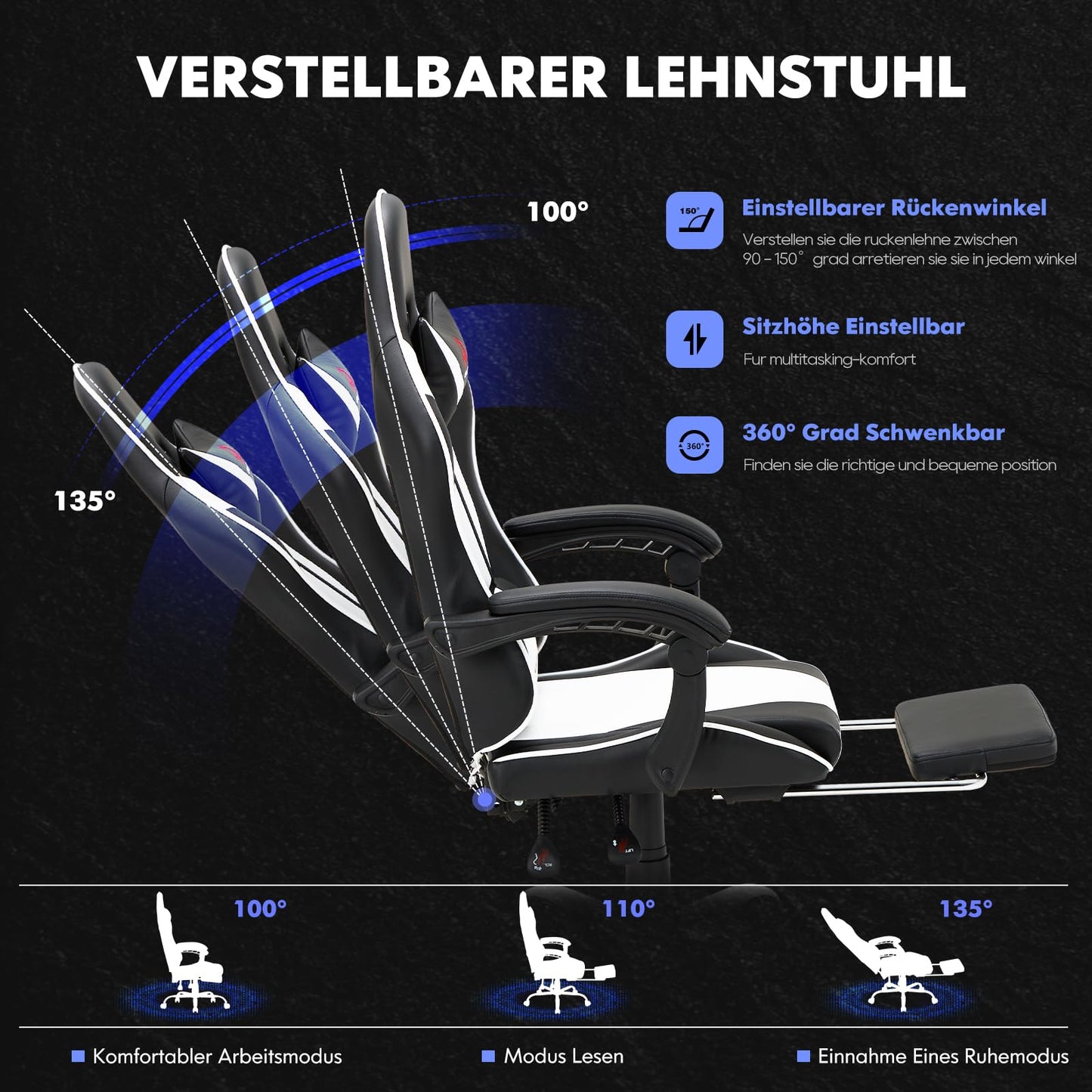 COLAMY Gaming Stuhl, Computer Stuhl mit Fußstütze und Lendenwirbelstütze, höhenverstellbarer Gaming Chair mit 360°-Drehsitz und Kopfstütze, Video Gamer PC Stuhl, Ergonomische hohe Rückenlehne, Weiß