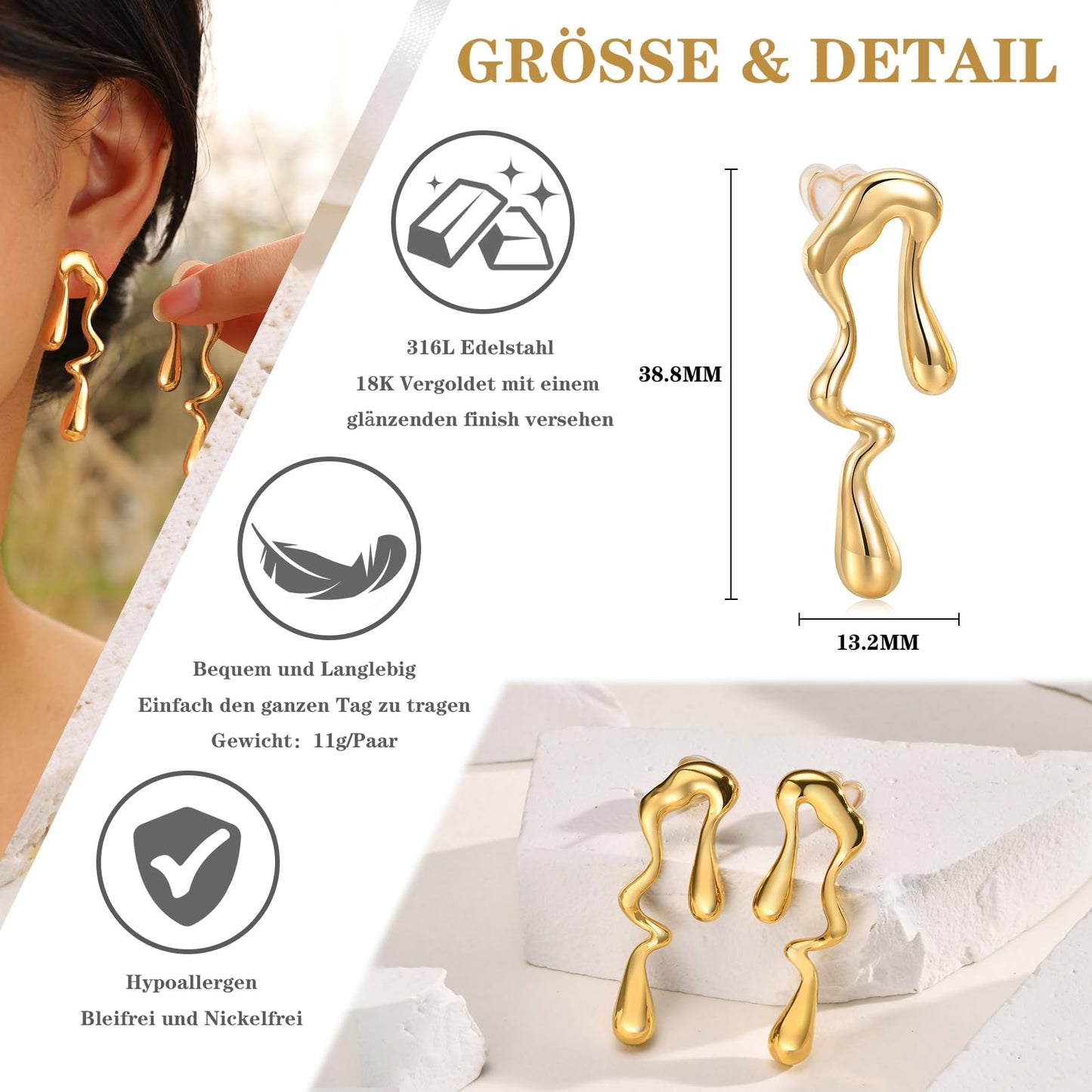 18K Gold Drop Earrings for Women