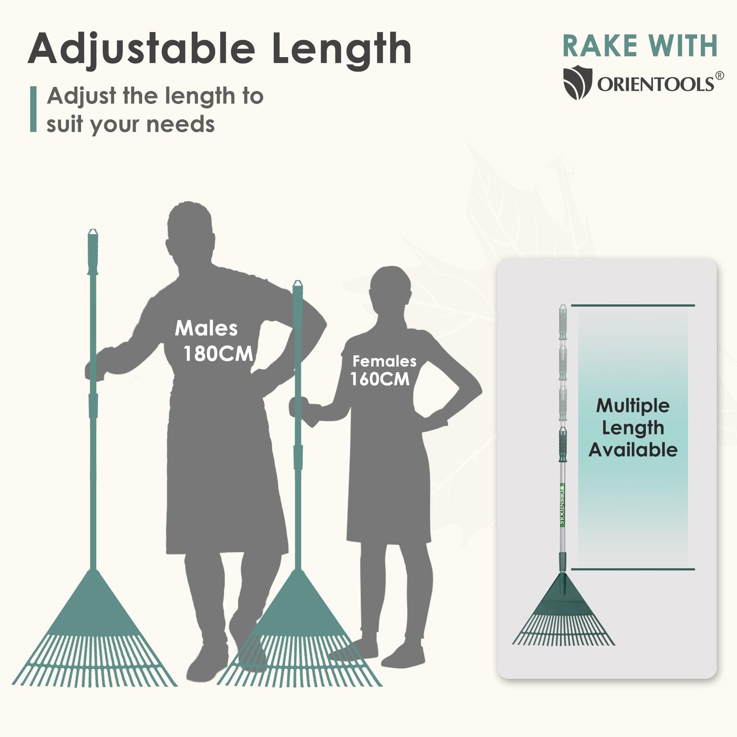 ORIENTOOLS Garten Laubrechen, Garten Rechen für Rasen Laub mit verstellbarem Griff 107 bis 156 cm Rechen, 22 Starke Zinken Kunststoff Kopf Strauch Rechen, Landschaftsbesen für Rasen und Blätter