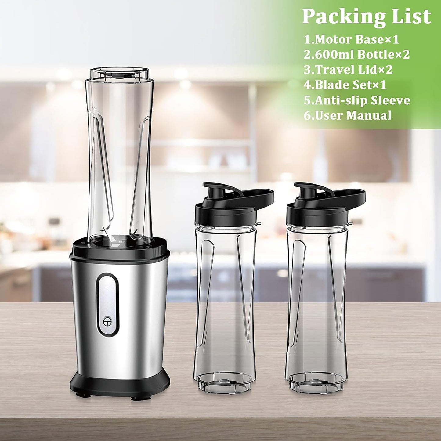 Mixer, 500W Mini Standmixer & Smoothie Maker mit 2x600ml Flaschen BPA frei Tritan, Tragbarer Mixer Smoothie Maker aus Edelstahl 4-Blatt für Shake, Smoothie und Babynahrung, Silber