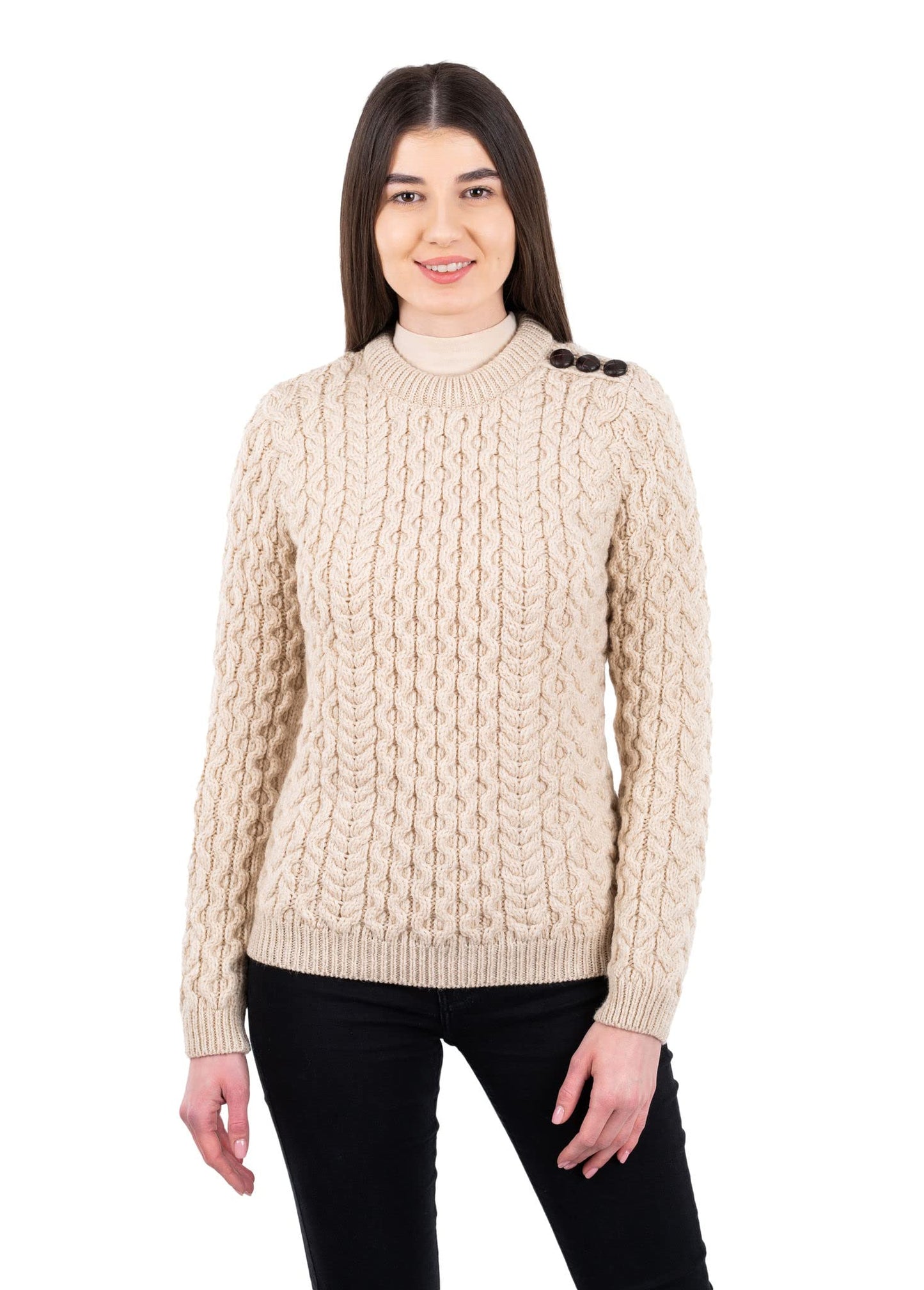 SAOL Women’s Merino Wool Sweater – Aran Knit with Side Buttons