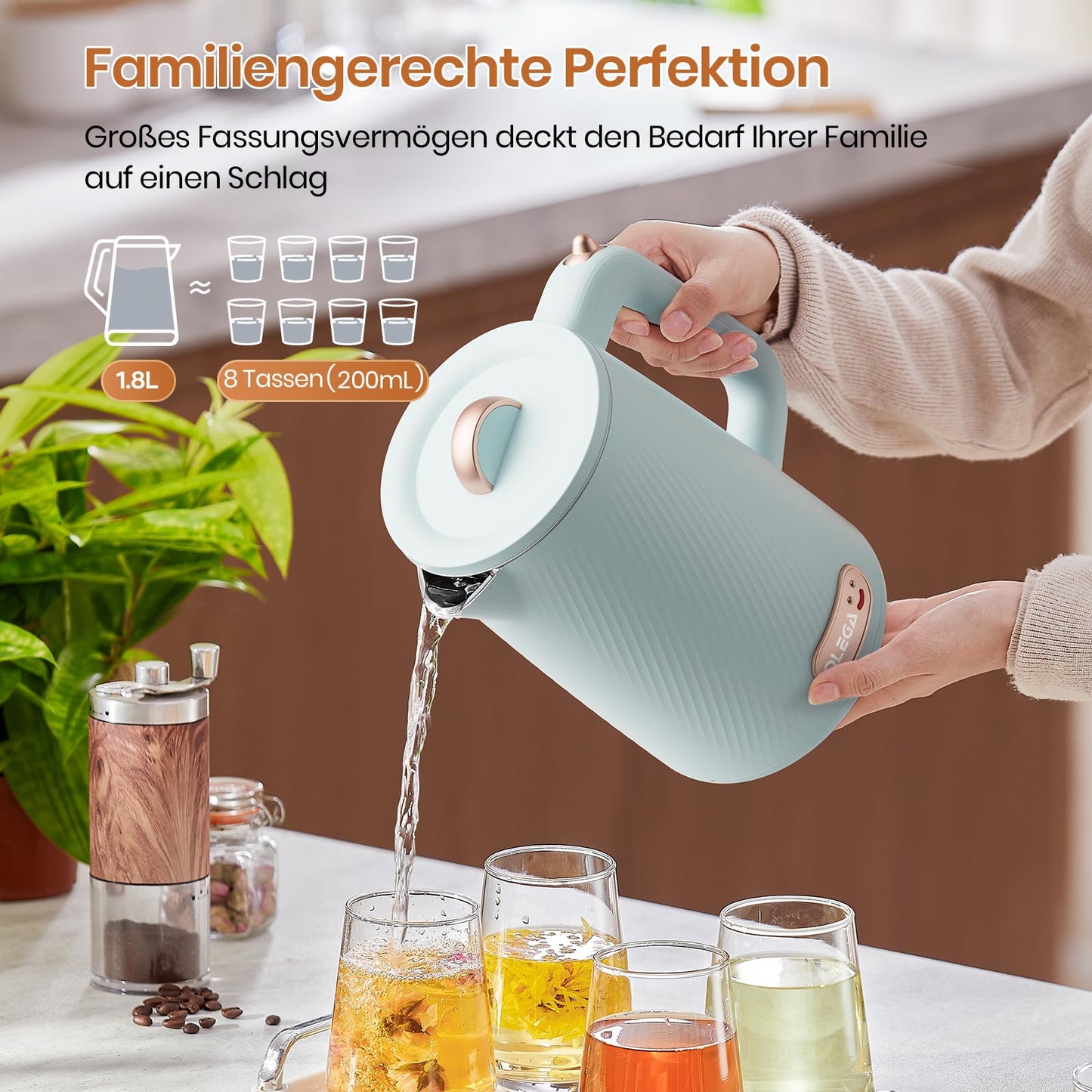 OLEGA Wasserkocher - 1800W Schnellaufheizender Elektrischer Teekessel BPA-freier 304 Edelstahl Elektrischer Wasserkocher mit Automatischer Abschaltung und Trockengehschutz Perfekt für die Familie 1.8L