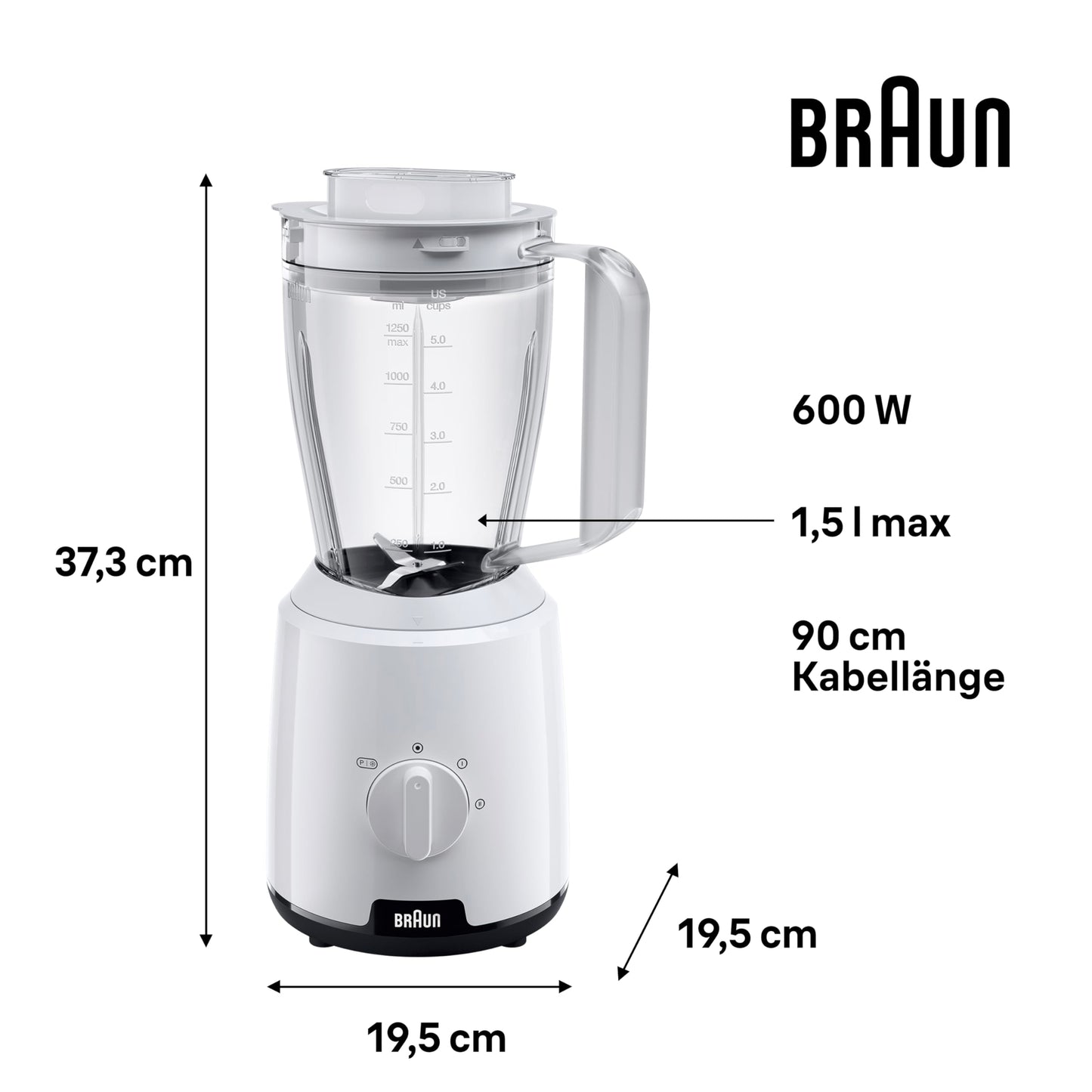 Braun PowerBlend 1 Standmixer mit 1,5 l Glas-Mixaufsatz, Küchenhelfer zum Zerkleinern, Pürieren & Mixen, Ice-Crush-Funktion, 2 Geschwindigkeiten, 600 Watt, Weiß