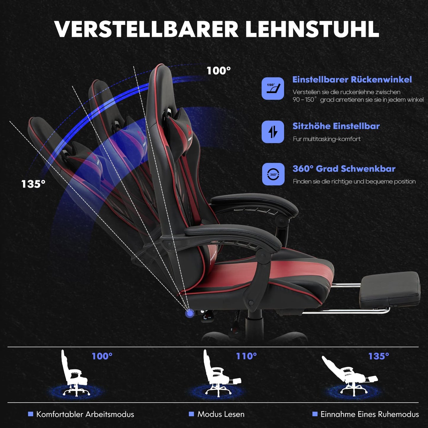 COLAMY Gaming Stuhl, Computer Stuhl mit Fußstütze und Lendenwirbelstütze, höhenverstellbarer Gaming Chair mit 360°-Drehsitz und Kopfstütze, Video Gamer PC Stuhl, Ergonomische hohe Rückenlehne, Weiß