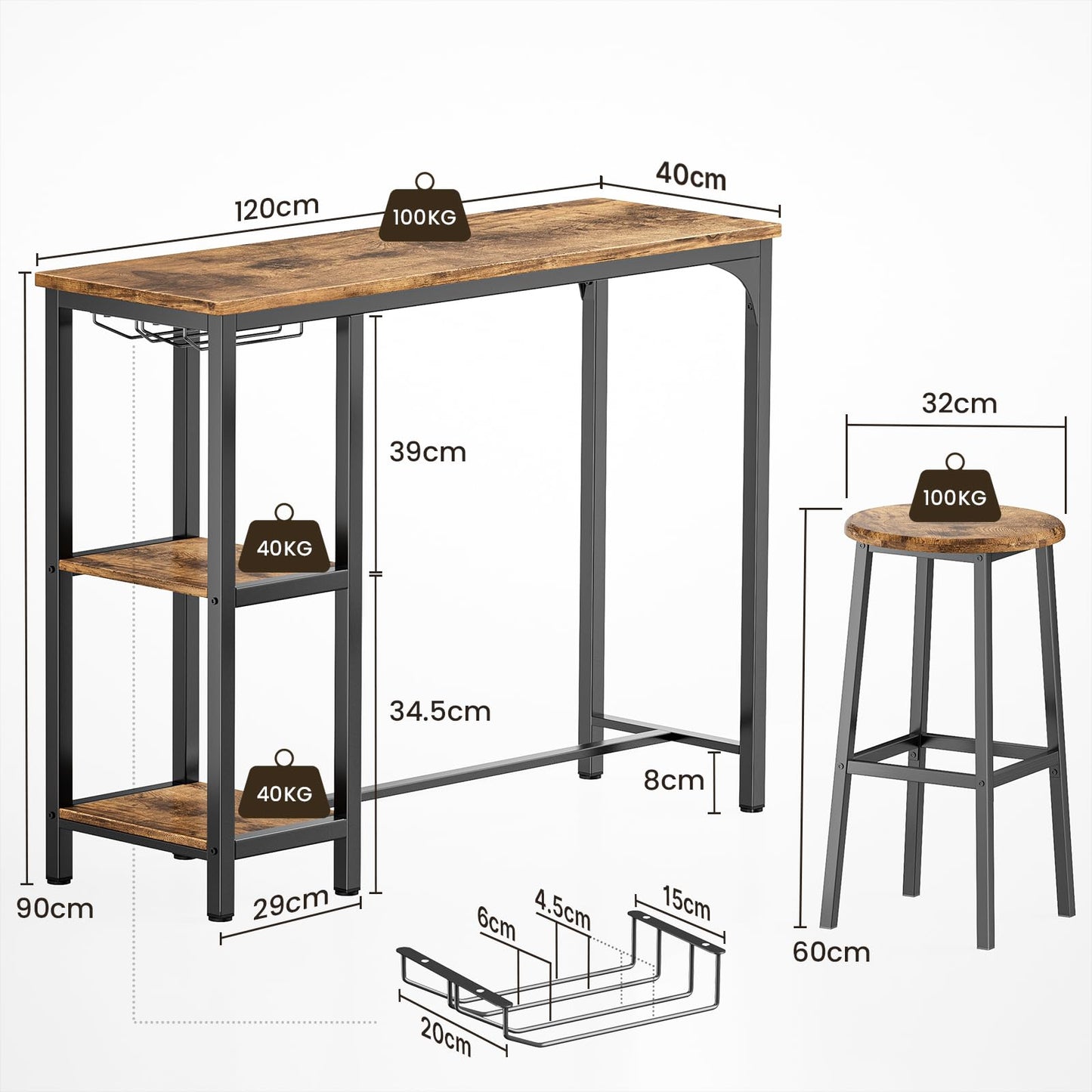 Bealife Bartisch mit Barhocker-Set für 2 Personen, Kneipentisch-Set mit 2 Ablagen und Glashalter, Küchen-Bartisch-Set für Küche, Wohnzimmer, Esszimmer (Retro)
