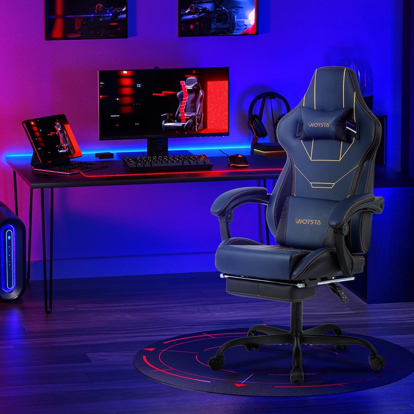 WOTSTA Gaming Chair Ergonomic Gaming Chair Office Chair with Footrest Racing Computer Chair Height Adjustable Padded Computer Chair Lumbar Support Blue