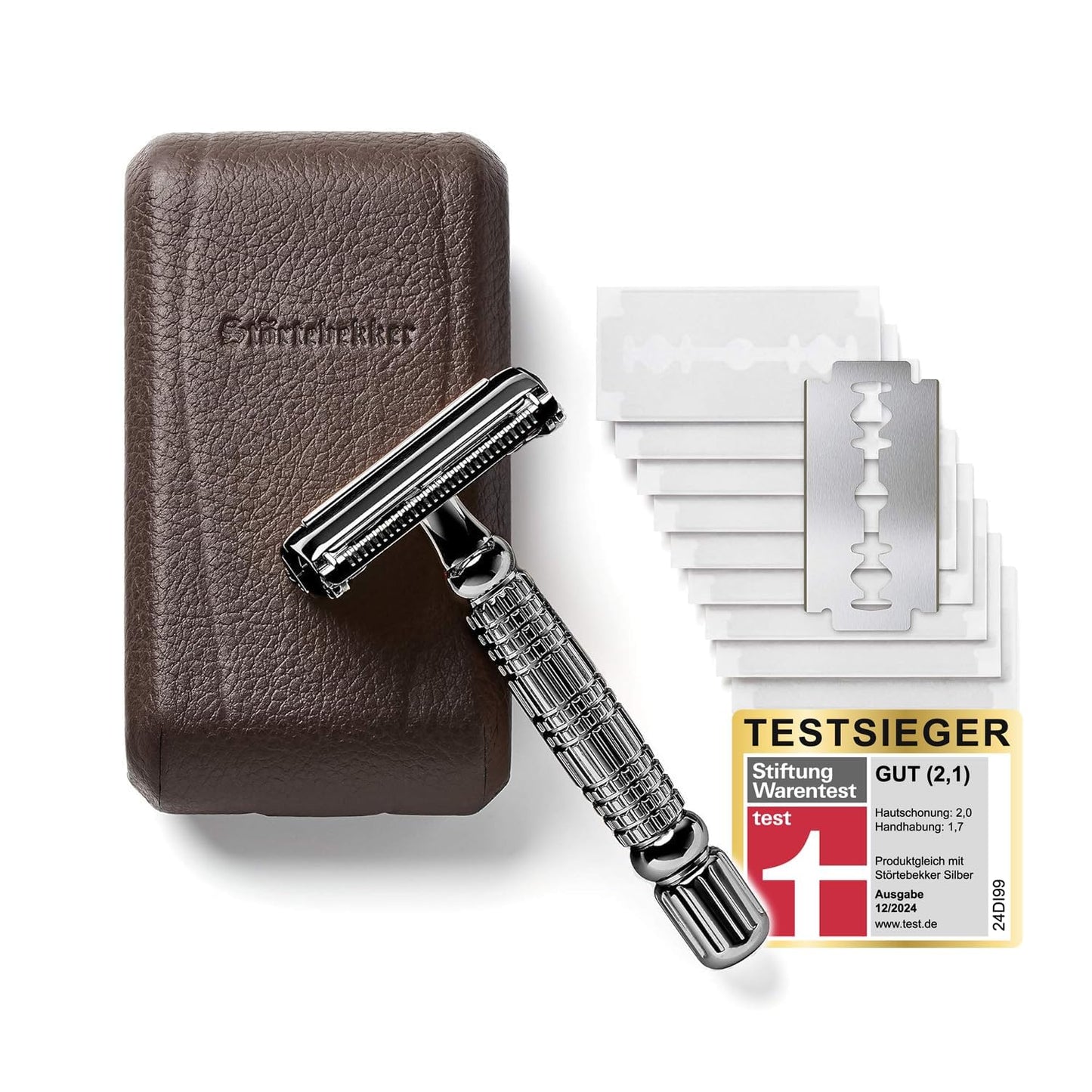 Störtebekker® Premium Rasierhobel ‘Hamburg’ im handgefertigten Leder-Etui - *TESTSIEGER* Stiftung Warentest (12/2024) - Rasier-Set mit 10 Rasierklingen, Reise-Etui & eingebautem Spiegel - Nassrasierer