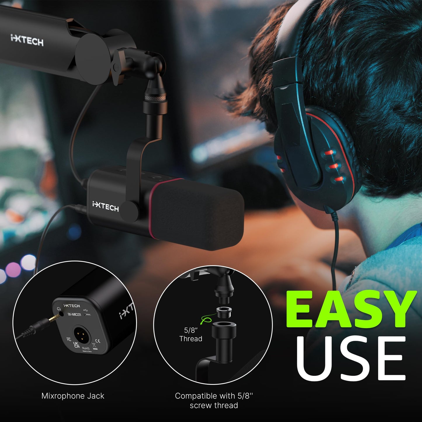 IXTECH Dynamisches Mikrofon mit Nierencharakteristik RGB Gesangsmikrofon USB XLR Studiomikrofon Software Stummschalttaste Microphone für Podcasting Streaming Aufnahme Gaming und Voice-Over Schwarz