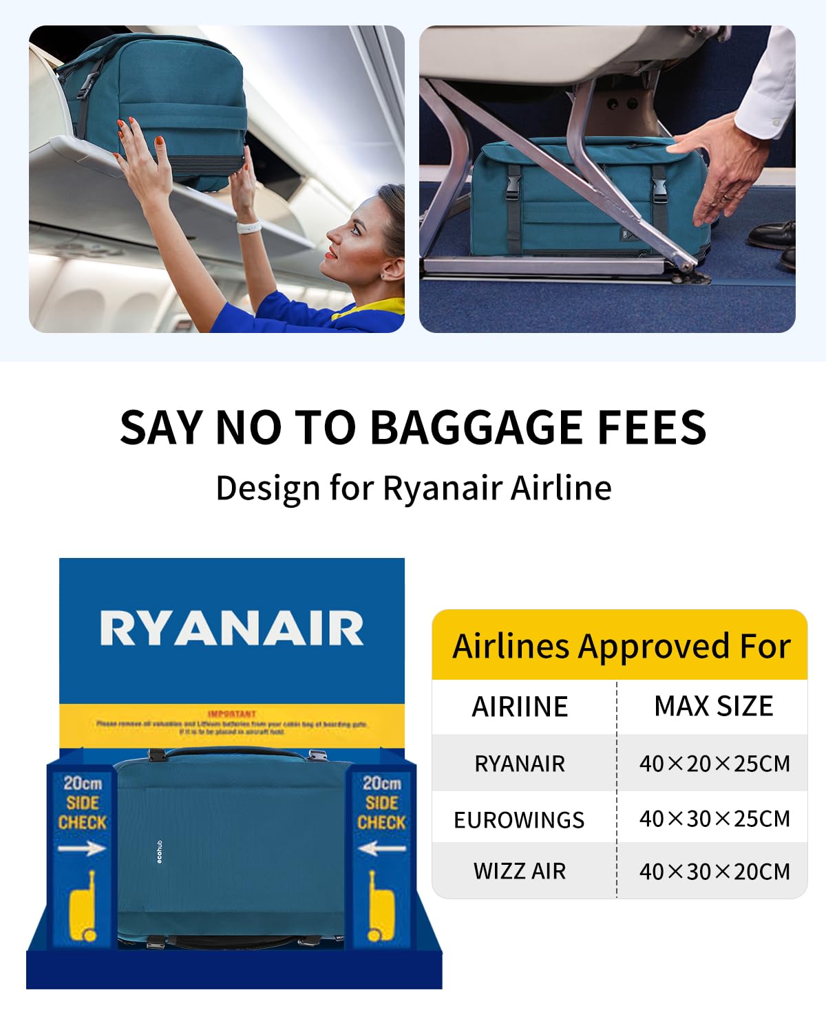 ECOHUB Ryanair Hand Luggage Backpack – Waterproof & Eco-Friendly Travel Backpack