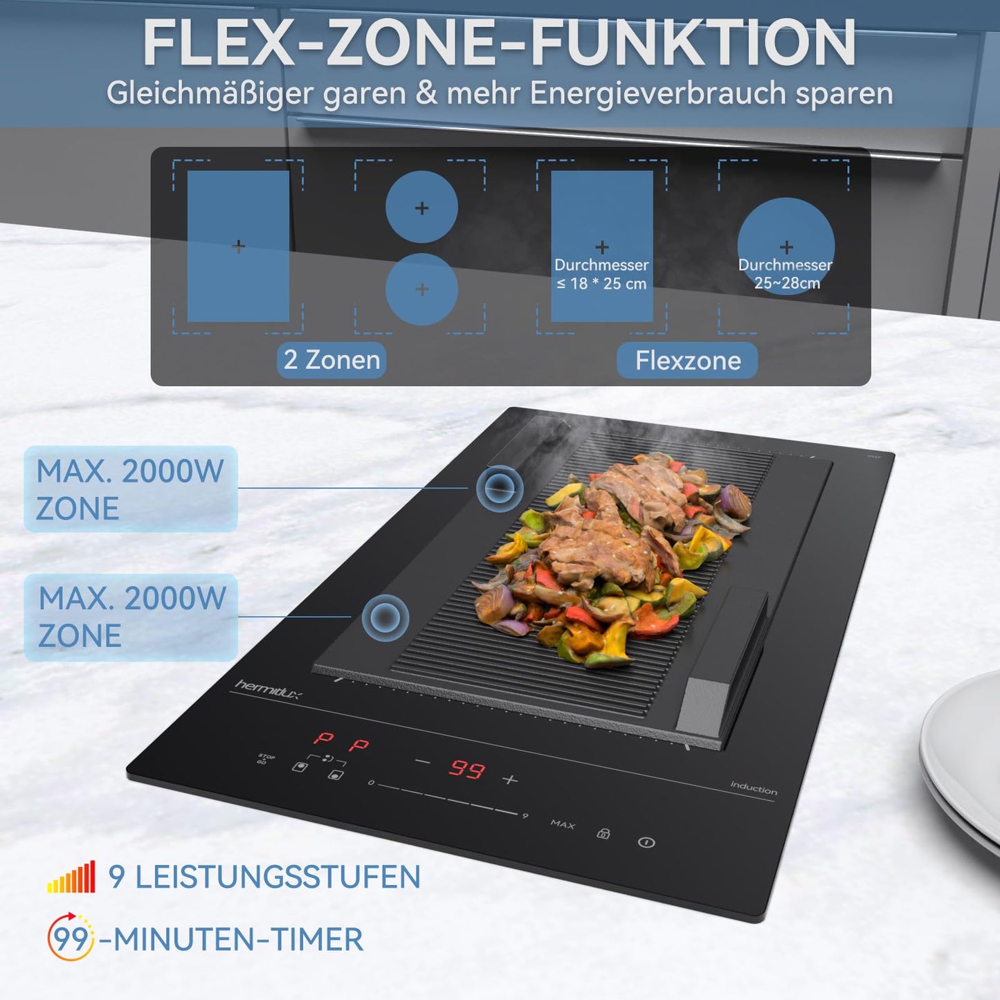 Hermitlux ceramic hob,Built-in 29 cm black glass ceramic electric hob,9 power levels,Sensor touch control, child lock, 1-99 minute timer,Suitable for all pots and pans