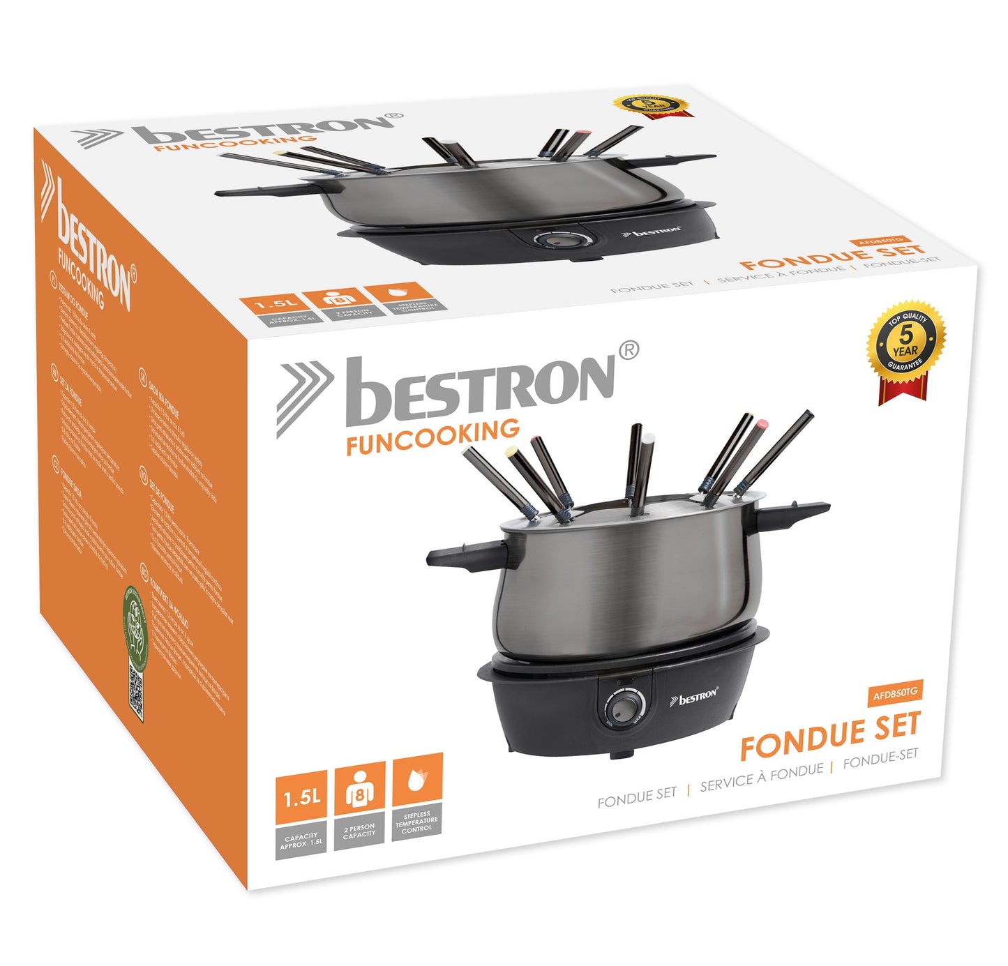 Bestron elektrische Fondue Set für bis zu 8 Personen, mit 8x Fonduegabeln & stufenlosen Thermostat, inkl. Spritzschutz, Farbe: Kupfer