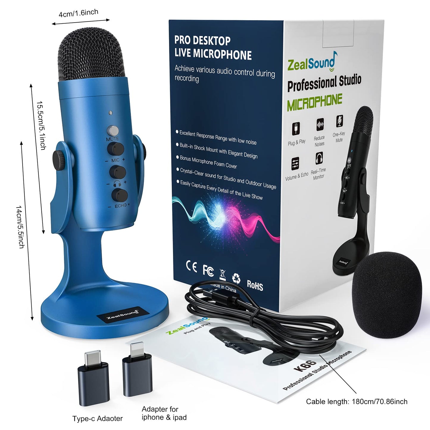 zealsound USB Mikrofon, Kondensator Mikrofon für PC Handy, PS4, PS5, Microphone PC USB C für Gaming, Podcast,Aufnahmen,Streaming,ASMR mit Stumm/Gain/Echo, Adapter für Phone,Kompatibel mit Mac, Winows