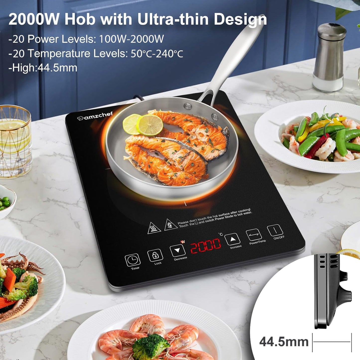Induktionskochfeld 1 Platte, AMZCHEF Kochplatte Induktion mit ultradünnem Design, 20-Temperaturstufen und 20-Leistungseinstellung, 2000W Induktionskochplatte mit 3-Stunden-Timer, Sicherheitsschloss