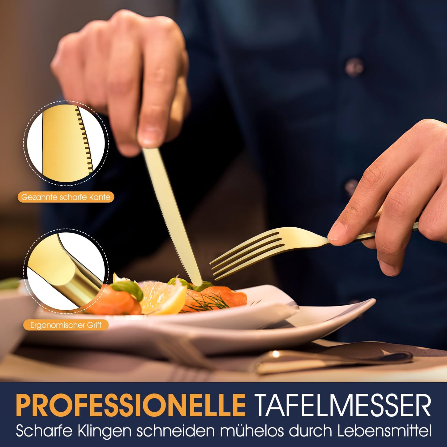TAN REN Besteck Set Schwarz 6 Personen, 36-Teiliges Edelstahl Besteckset Schwarz mit Steakmesser, Elegantes Essbesteck mit Messer Gabel Löffel, Tafelbesteck für Küche/Restaurant
