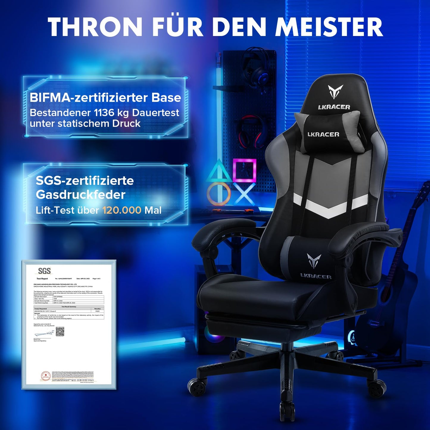 LUCKRACER Gaming Stuhl mit fußstütze Bürostuhl Ergonomisch mit verstellbare Lendenkissen, Kopfkissen Gaming Chair,Höhenverstellbarer Gamer Stuhl, 150 kg Belastbarkeit Grau