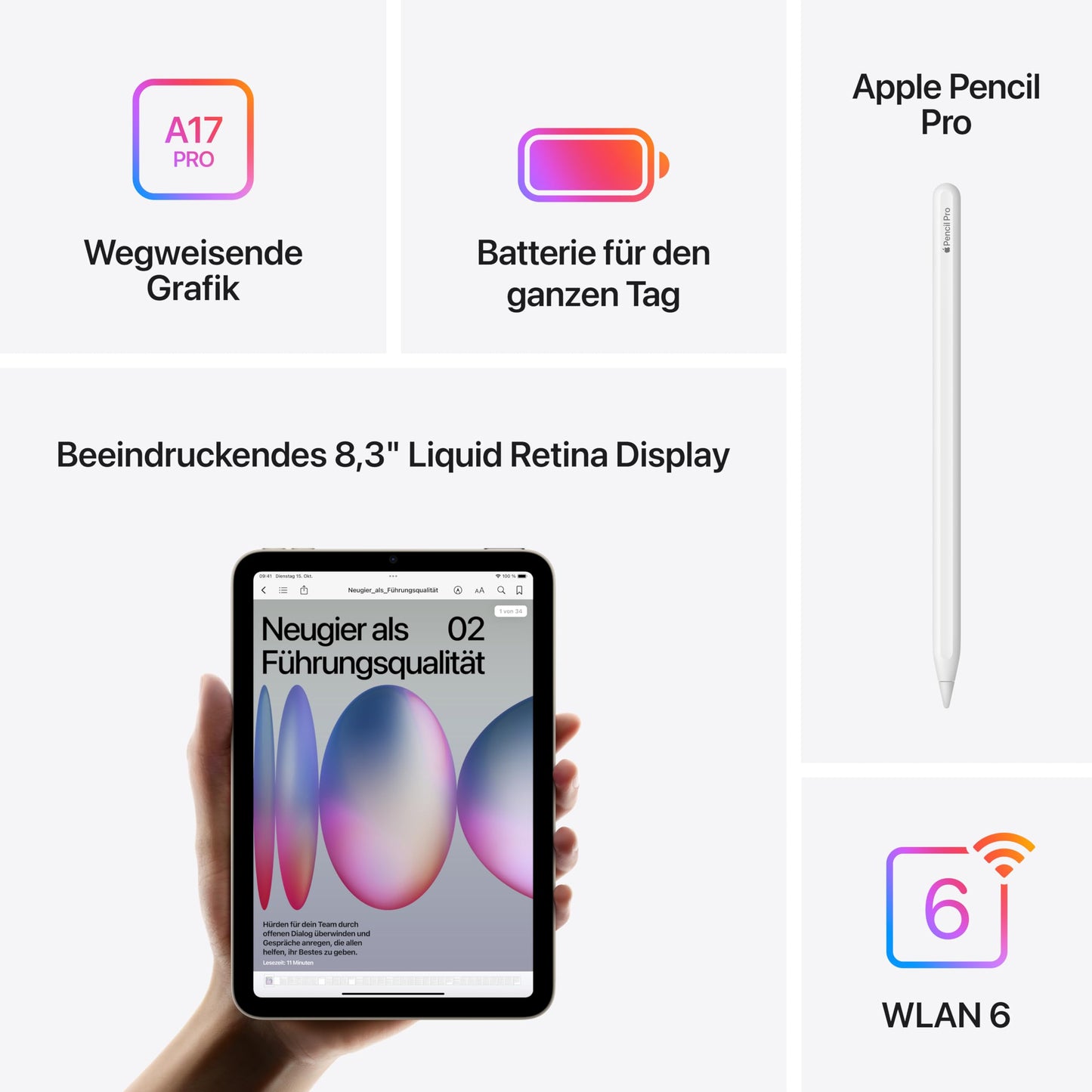 Apple iPad Mini (A17 Pro) - 8.3" Liquid Retina Display, Wi-Fi 6E, 12MP Front/Rear Camera, Touch ID, All-Day Battery