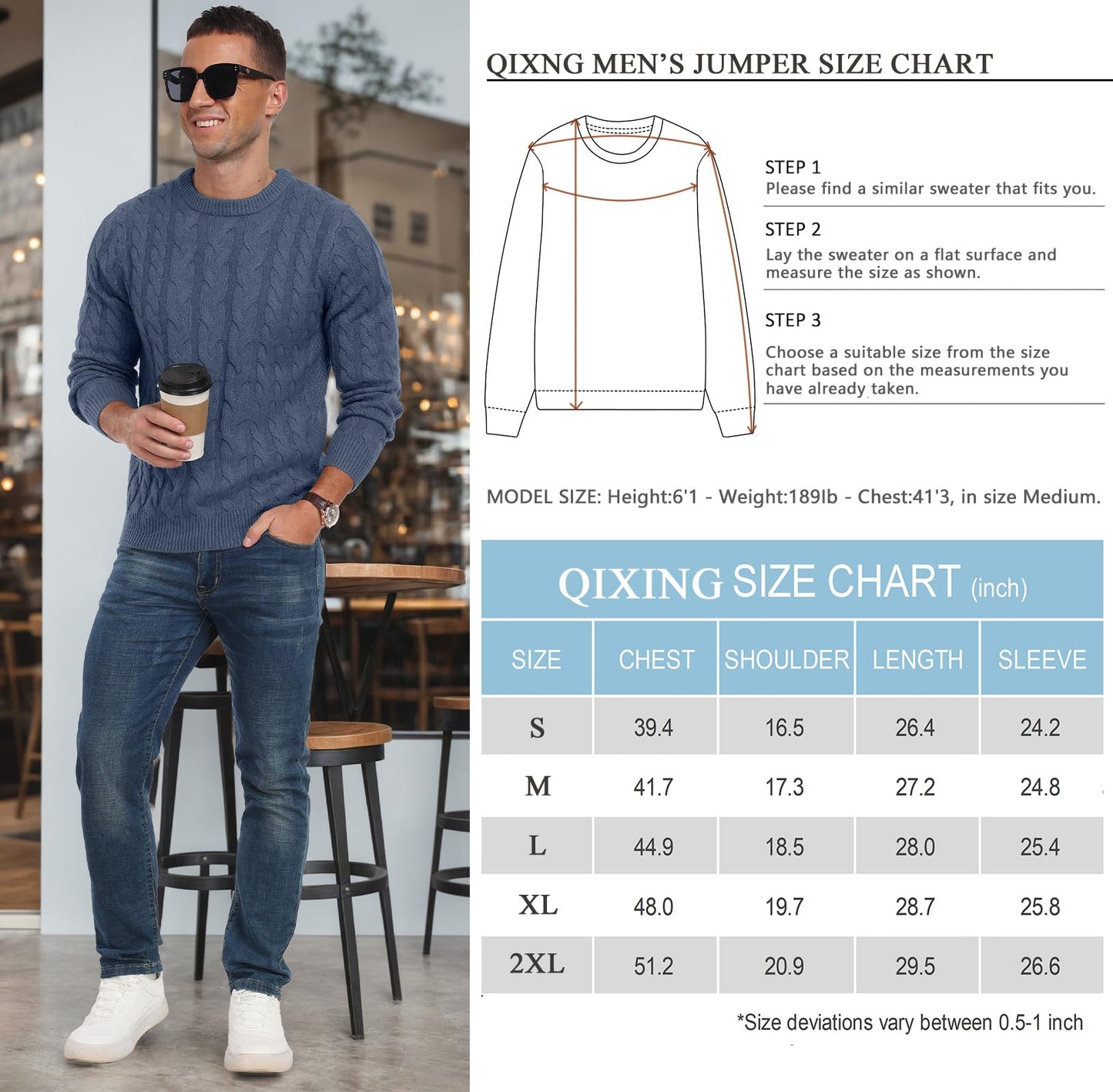 QIXING Men’s Cable Knit Sweater – Chunky Crewneck Pullover