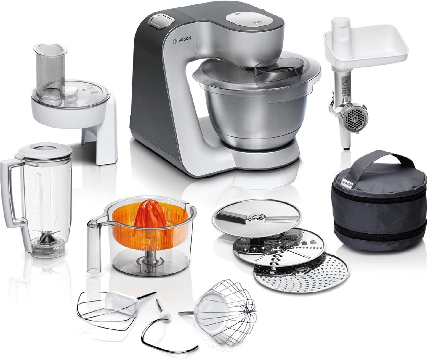 Bosch Küchenmaschine Serie 4, Schüssel 3,9 L, Mixer 1,25 L, Fleischwolf, Zitruspresse, Planetenrührwerk, Knethaken, Schlag-, Rührbesen, Durchlaufschnitzler, 3 Scheiben, 900 W, Silber/Grau