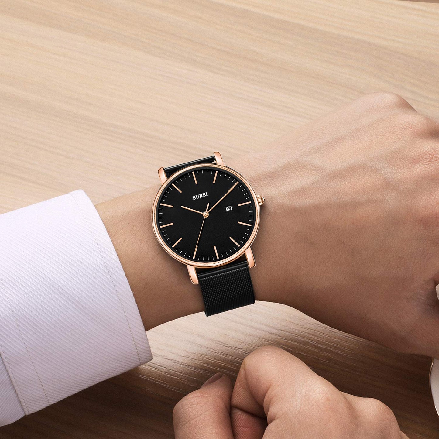 BUREI Ultra Dünne Uhren Herren Schwarze Analoges Datum Armbanduhr Herren mit Japanisches Quarzwerk, Geschenke für Männer