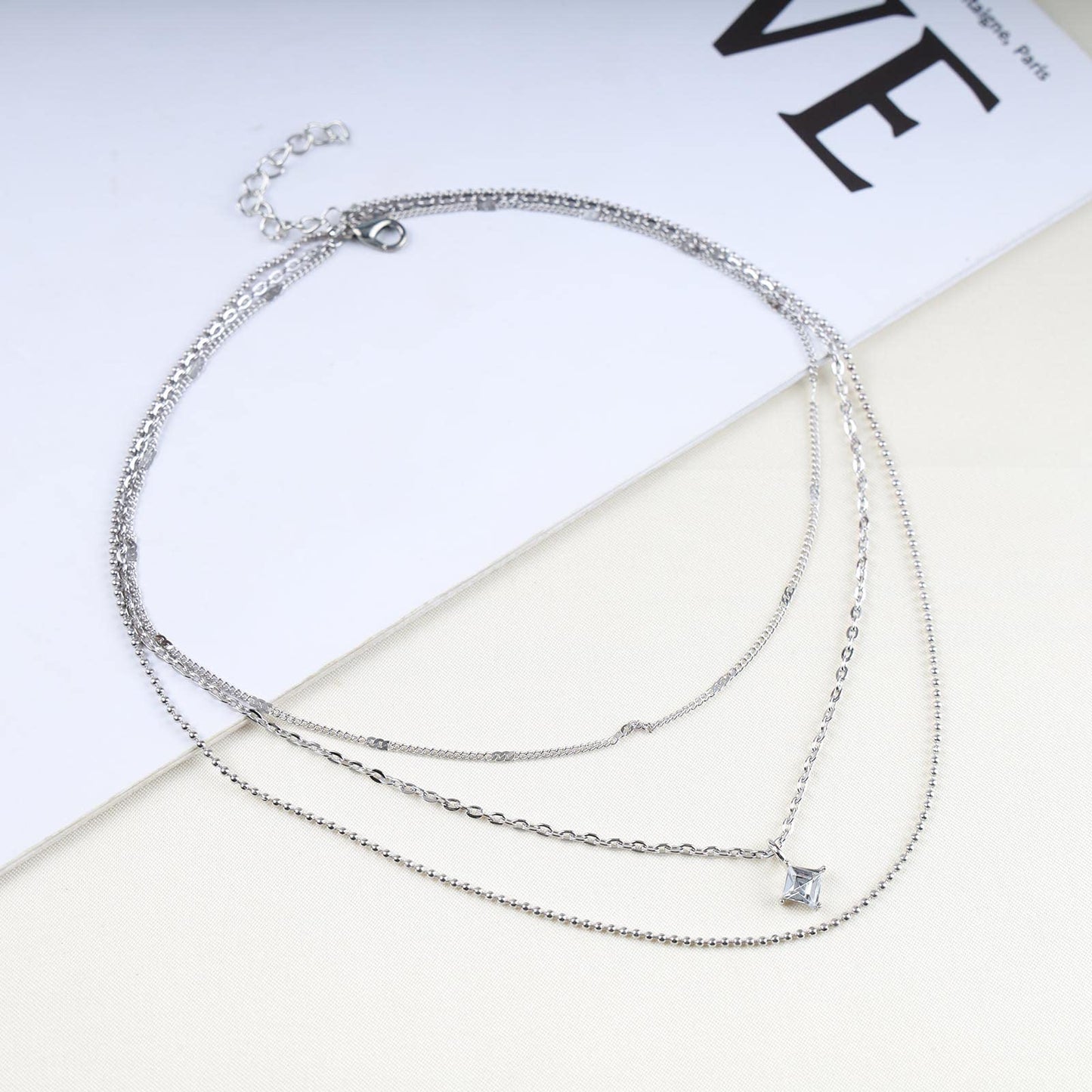 Dervivea Boho Layered CZ Crystal Necklace