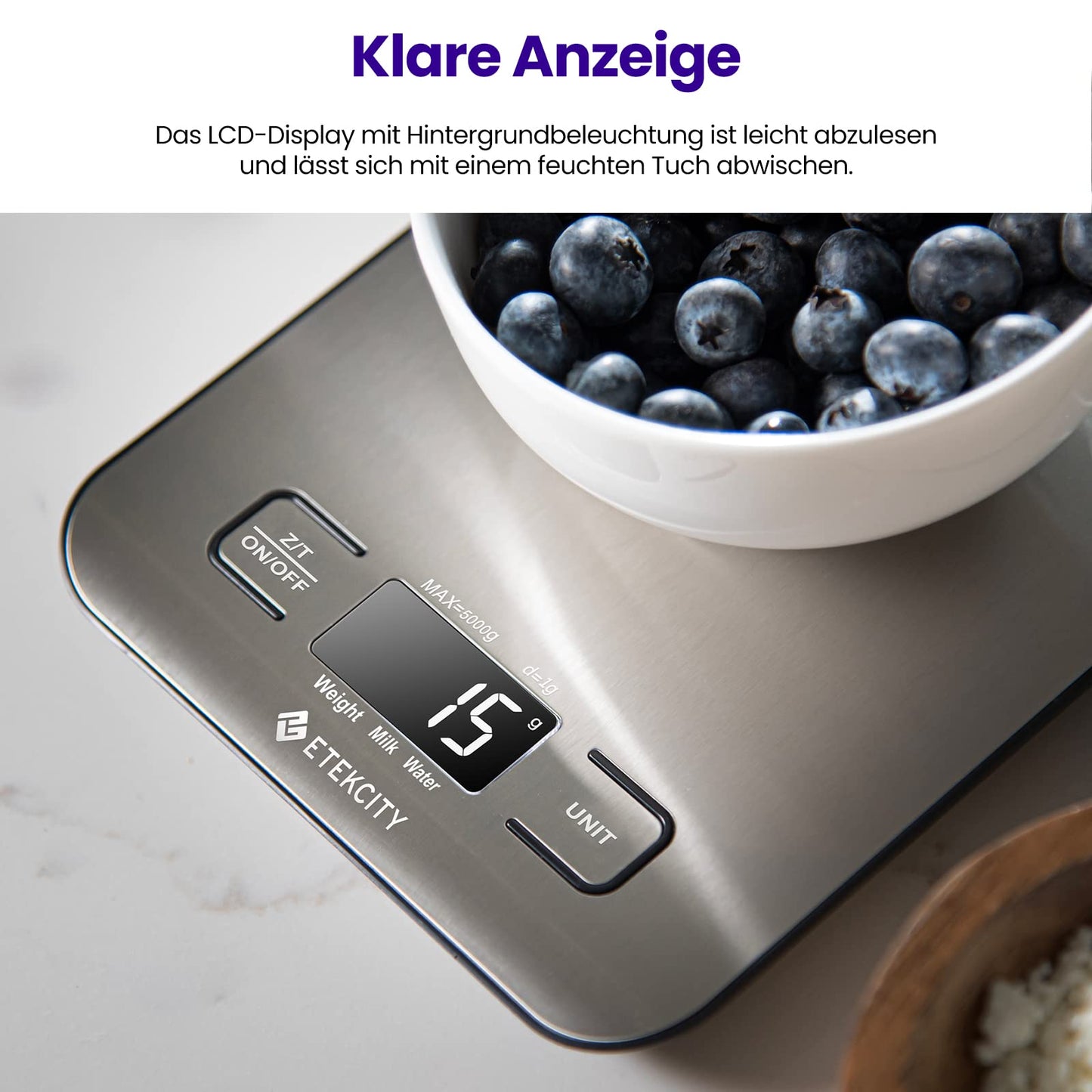 ETEKCITY Küchenwaage, digital 5KG mit großem LCD-Display,Digitalwaage, Briefwaage mit Großer Edelstahl Wiegefläche, Flüssigkeitsmessung, hohe Präzision auf bis zu 1g, Tara-Funktion, Silber