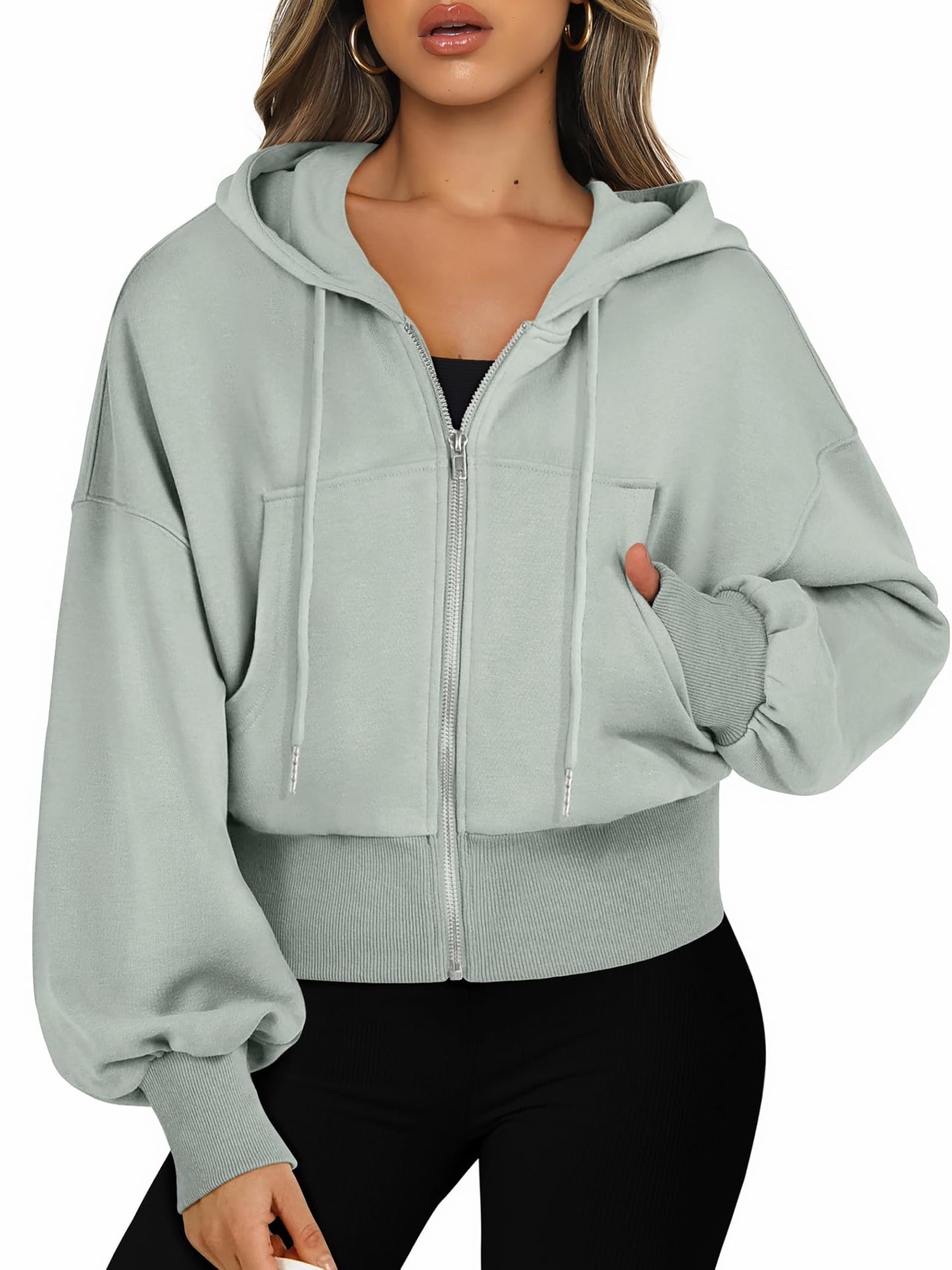 Jhsnjnr Women’s Cropped Zip-Up Hooded Sweat Jacket