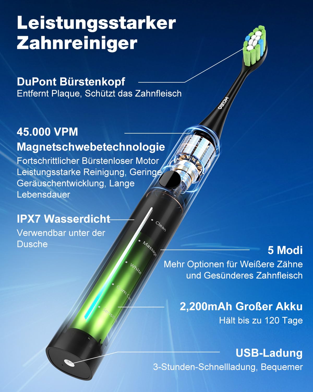 Elektrische Zahnbürste, Schallzahnbürste, Zahnbürste Elektrisch 45000VPM, Aufhellung Der Zähne In 1 Woche, 120 Tage Akkulaufzeit, Batteriestandsanzeige, 6 DuPont-Bürstenköpfe, 5 Modi, Timer, Schwarz