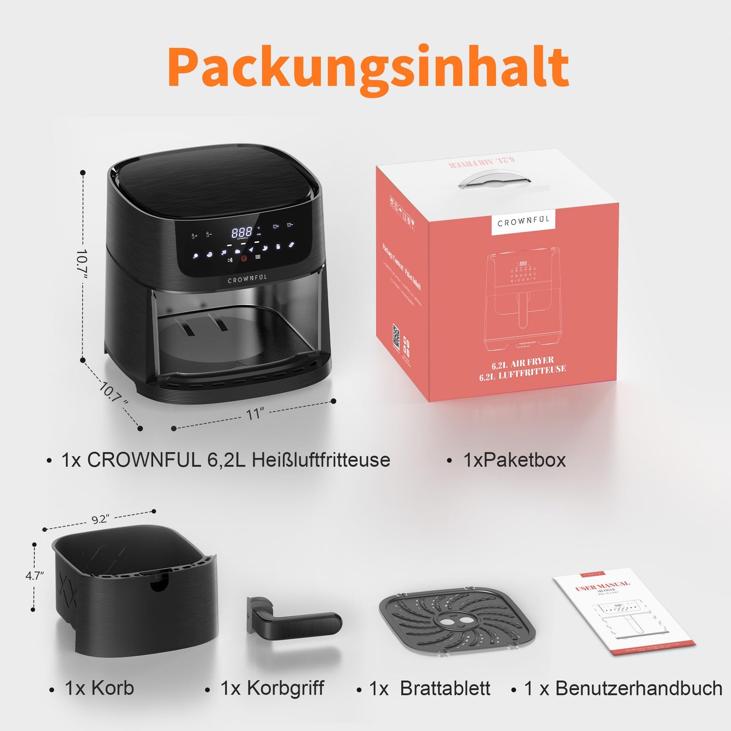 CROWNFUL Luftfritteuse 6,2L, XXL Heißluftfriteuse Elektrische 8 in 1 Öllose Herd, Heissluft Fritteusen mit LCD Touchscreen und 8 Voreinstellungen, präzise Temperaturregelung, Nonstick Korb