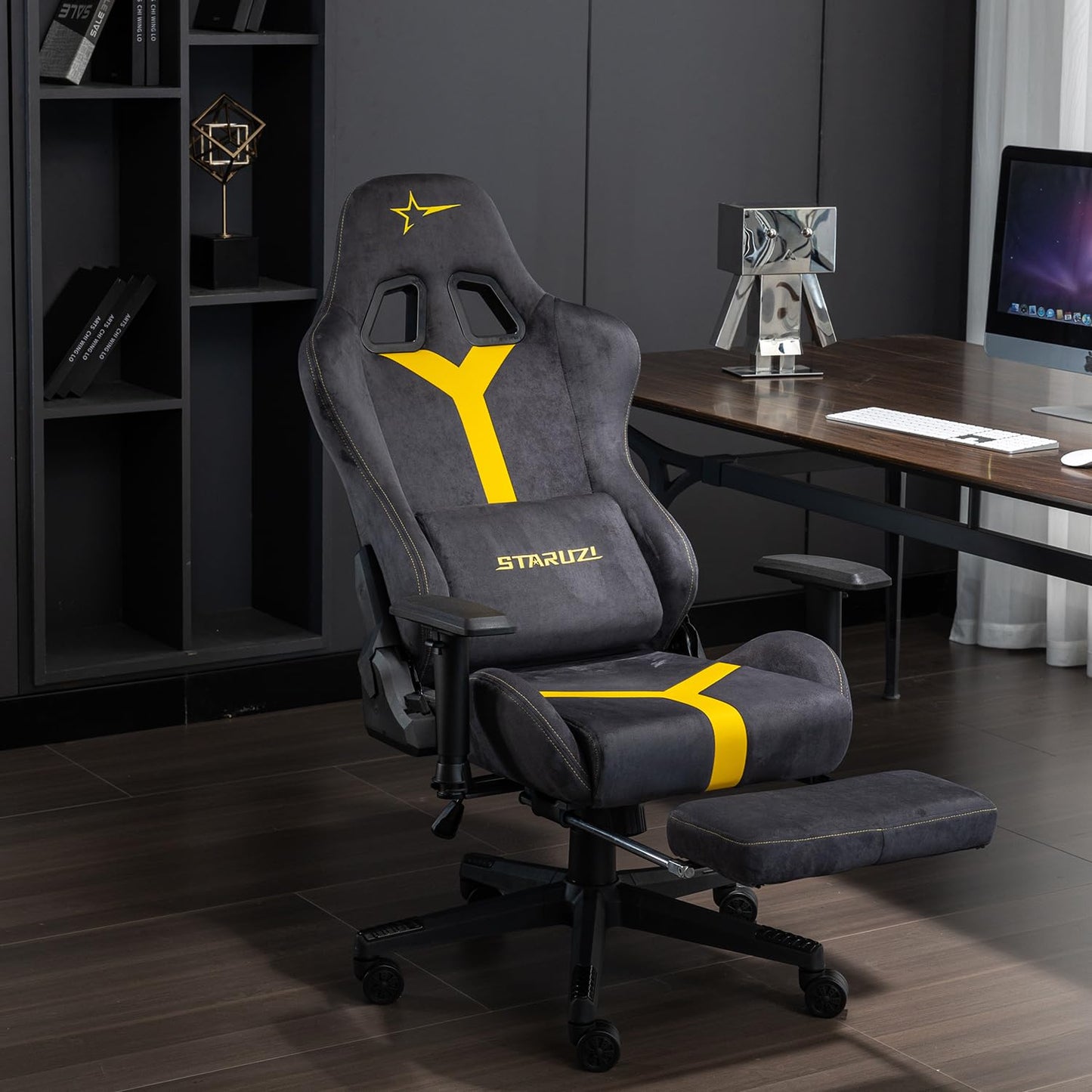STARUZI Gaming Stuhl aus Wildlederimitat Stoff, Ergonomischer PC Stuhl, Gamer Stuhl mit Fußstütze, Atmungsaktiver Game Drehsessel mit Verstellbare Armlehne, Grau-Grün
