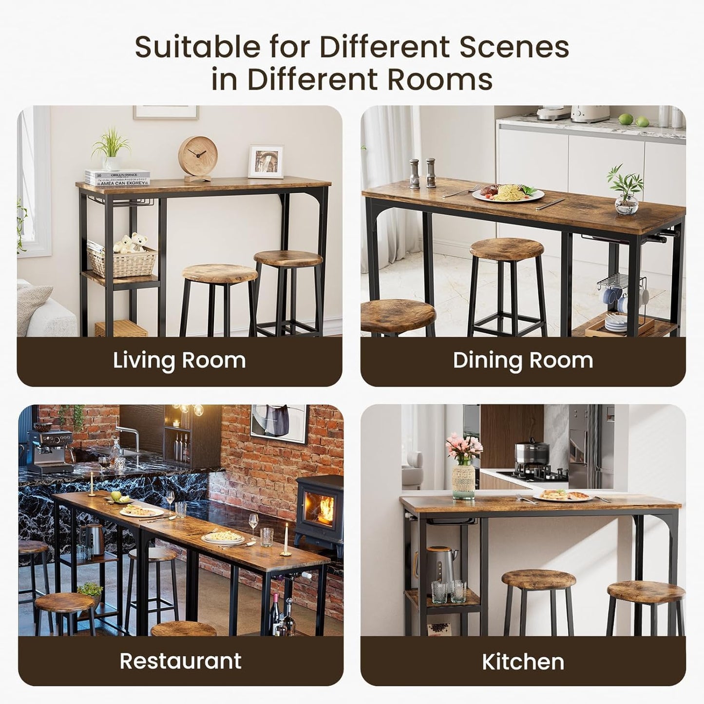 Bealife Bartisch mit Barhocker-Set für 2 Personen, Kneipentisch-Set mit 2 Ablagen und Glashalter, Küchen-Bartisch-Set für Küche, Wohnzimmer, Esszimmer (Retro)