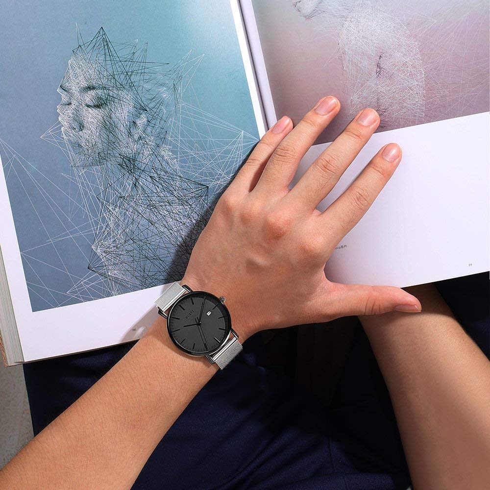 BUREI Ultra Dünne Uhren Herren Schwarze Analoges Datum Armbanduhr Herren mit Japanisches Quarzwerk, Geschenke für Männer
