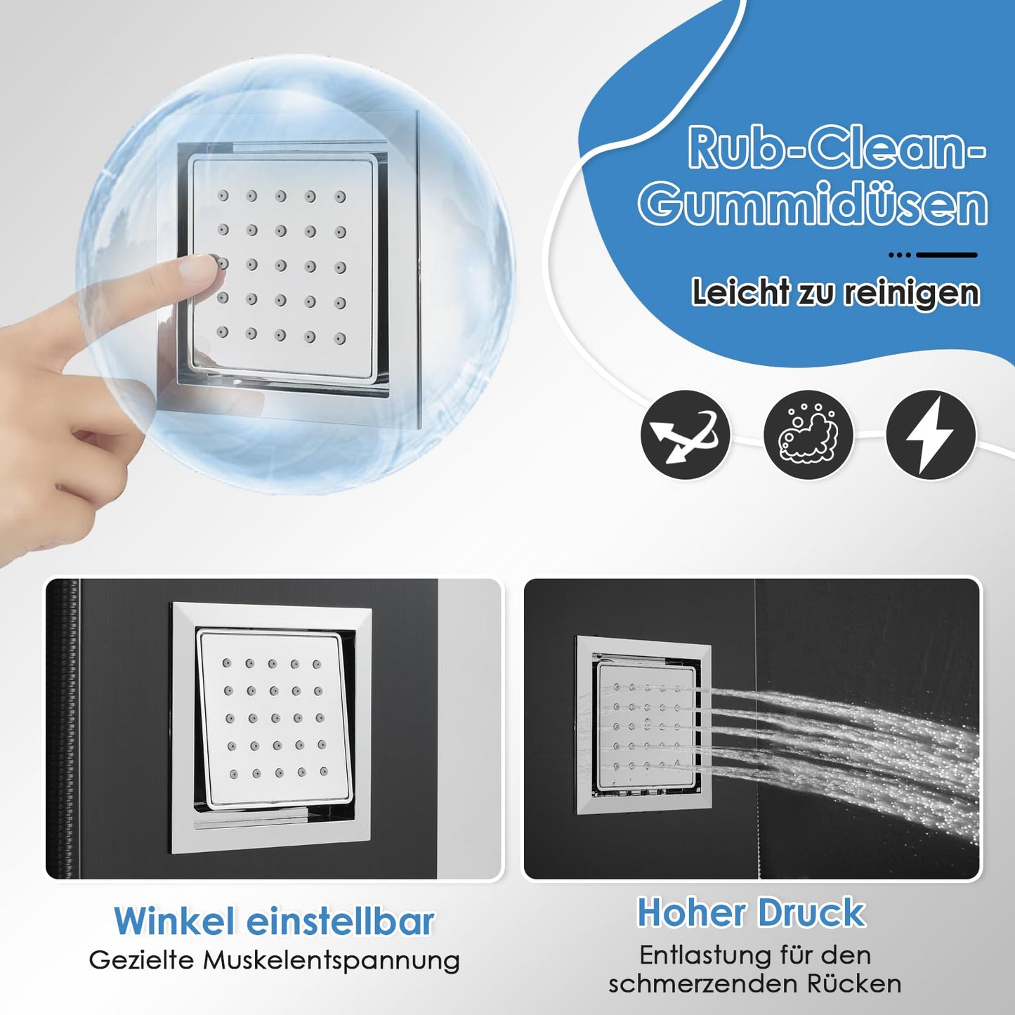 LED Duschpaneel mit Thermostat, OUGOO 6 Funktionen Duschpaneel mit Armatur, Regendusche, Wasserfalldusche, 2-Typ-Massagedüsen, Handbrause und Badewanneneinlauf, 304 Edelstahl, Schwarz