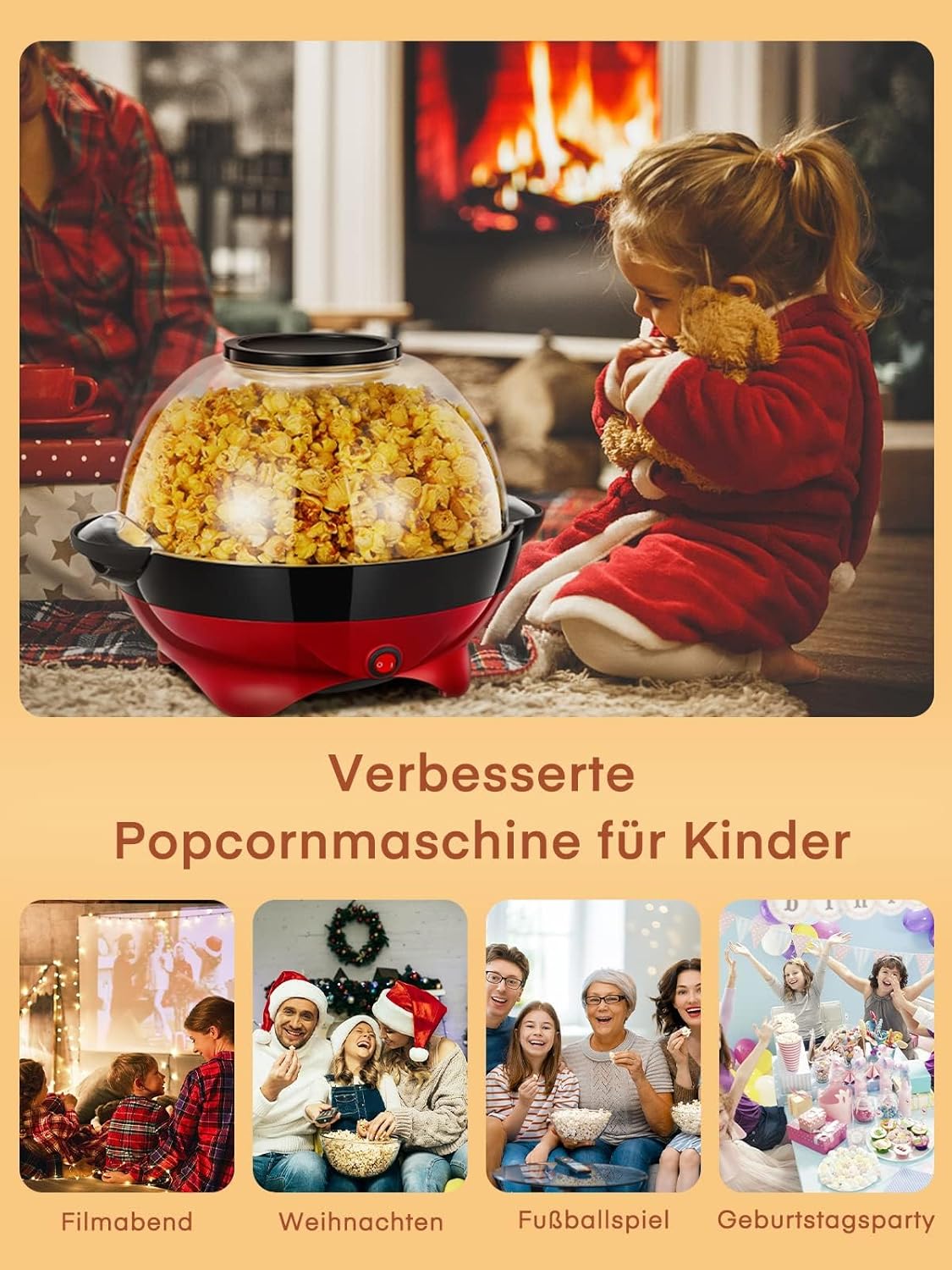 Popcornmaschine - 5.5L Großer Inhalt - HOUSNAT 800W Zuhause Popcorn Maker Machine mit Antihaftbeschichtung und Abnehmbares Heizfläche - Stille und Schnelle - Maschine