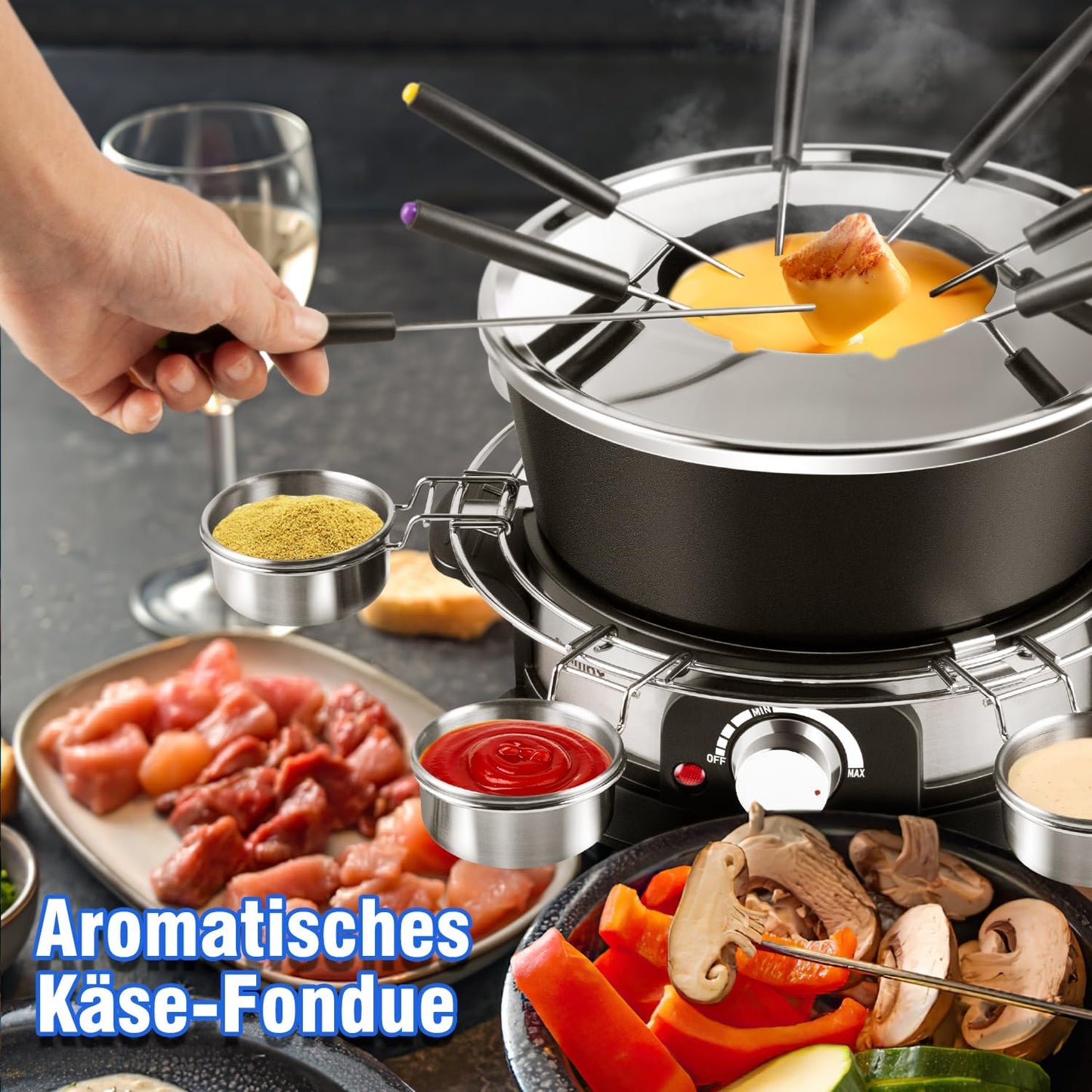 CUSIMAX Elektrisches Fondue-Set mit 1300W Leistungsregelung für Käse, Schokolade, Öl und Brühe, 2L Antihaft-Elektro-Fondue-Topf mit 8 Gabeln, 6 Tassen und abnehmbarem Anti-Verbrühungs-Griff