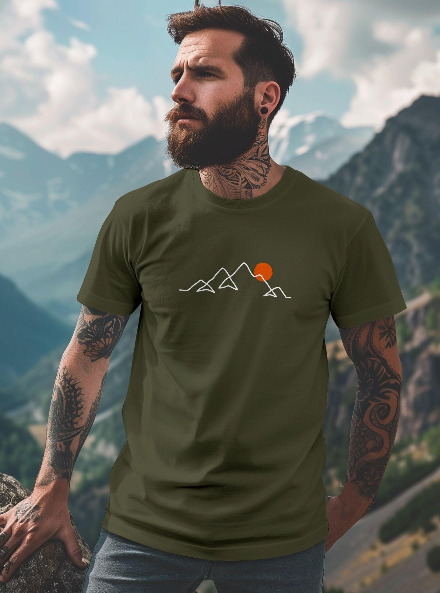 Neverless® Men’s Line-Art Mountain Print T-Shirt