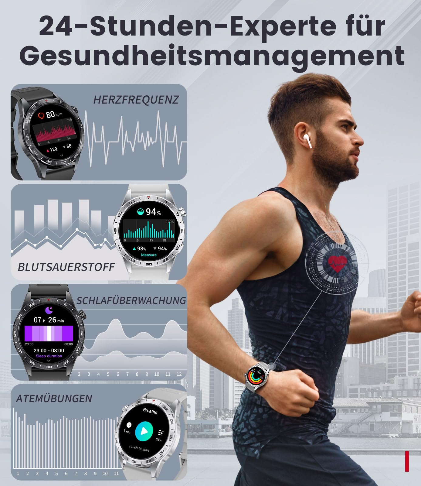 LIGE Smartwatch Herren mit 400mAh Lange Akkulaufzeit für Android iOS,1.43'' Amoled Display,110+ Sportmodi,Bluetooth-Anrufe,IP68 Wasserdicht Fitnessuhr mit Herzfrequenz, SpO2, Schlafmonitor,3 Armbänder