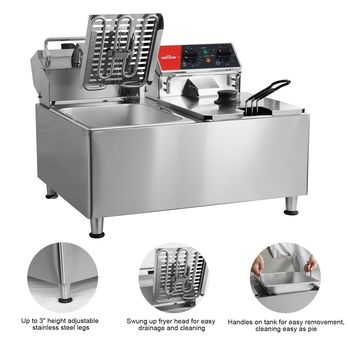 CROSSON 8L elektrische Fritteuse mit EGO-Thermostat, 30-Minuten-Timer, abnehmbarer Ölbehälter, massiver Edelstahlkorb, rotierender Fritteusekopf(8L Single Tank)