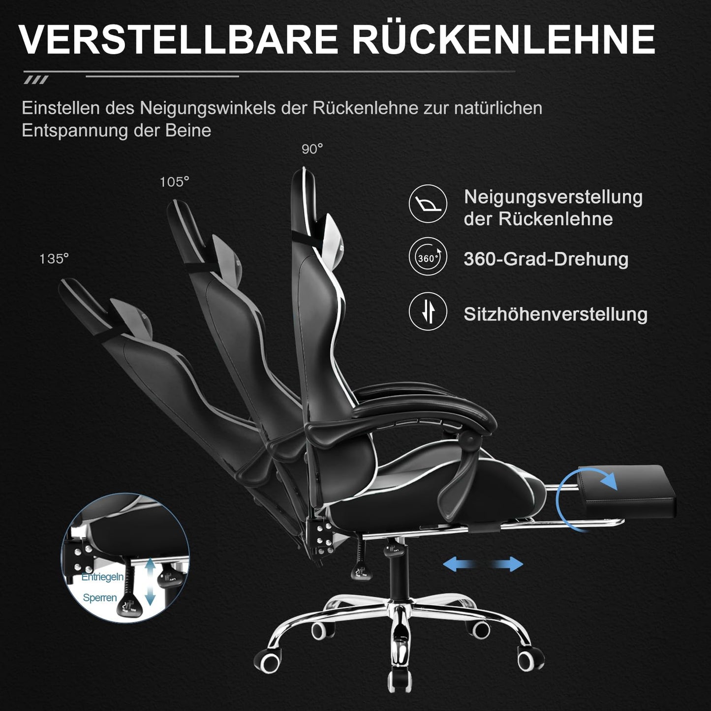 GTPLAYER Office Chair Gaming Chair Massage Gaming Armchair Ergonomic Gamer Chair with Footrest, Headrest Massage Lumbar Cushion, Padded Gaming Chair, Swivel Chair White