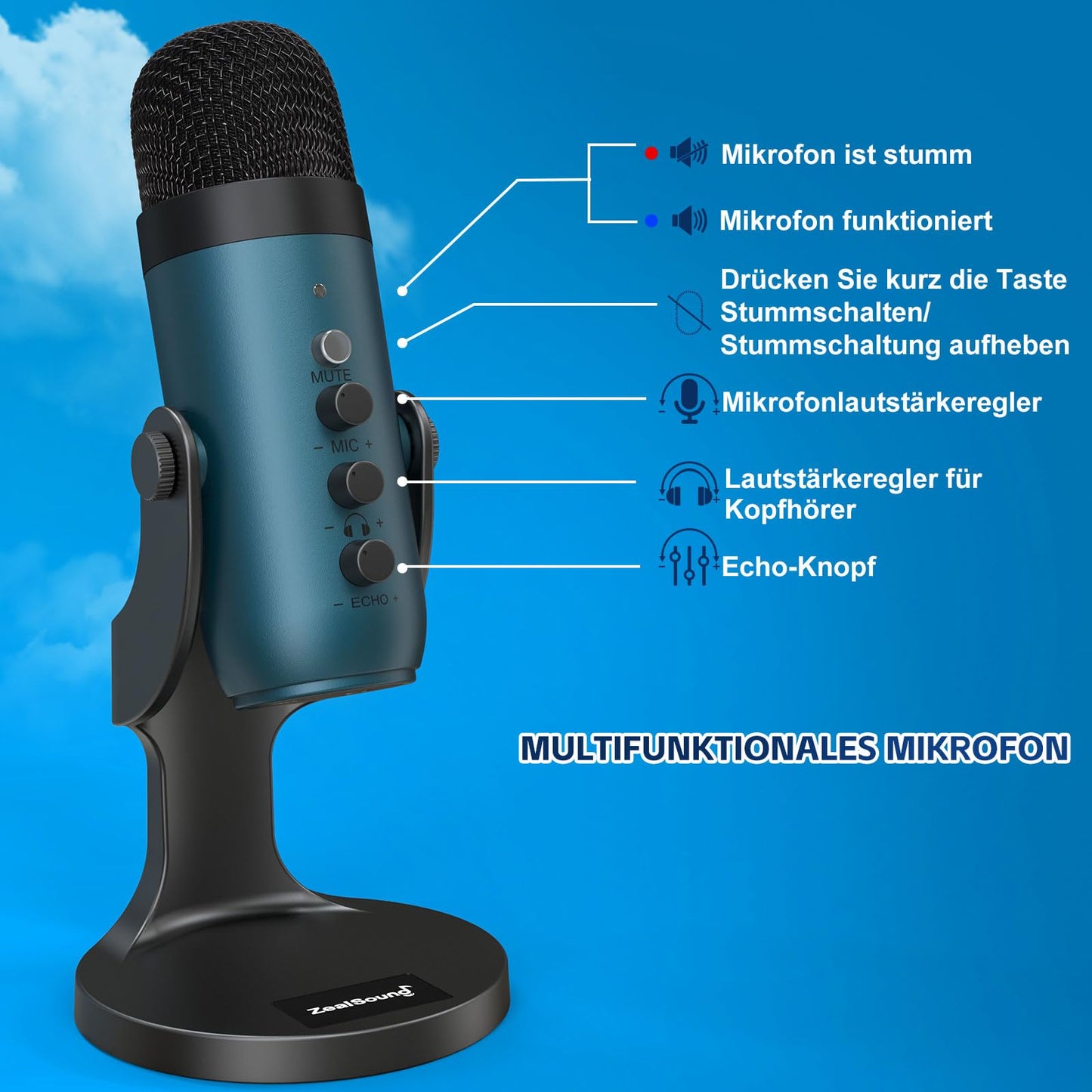 zealsound USB Mikrofon, Kondensator Mikrofon für PC Handy, PS4, PS5, Microphone PC USB C für Gaming, Podcast,Aufnahmen,Streaming,ASMR mit Stumm/Gain/Echo, Adapter für Phone,Kompatibel mit Mac, Winows
