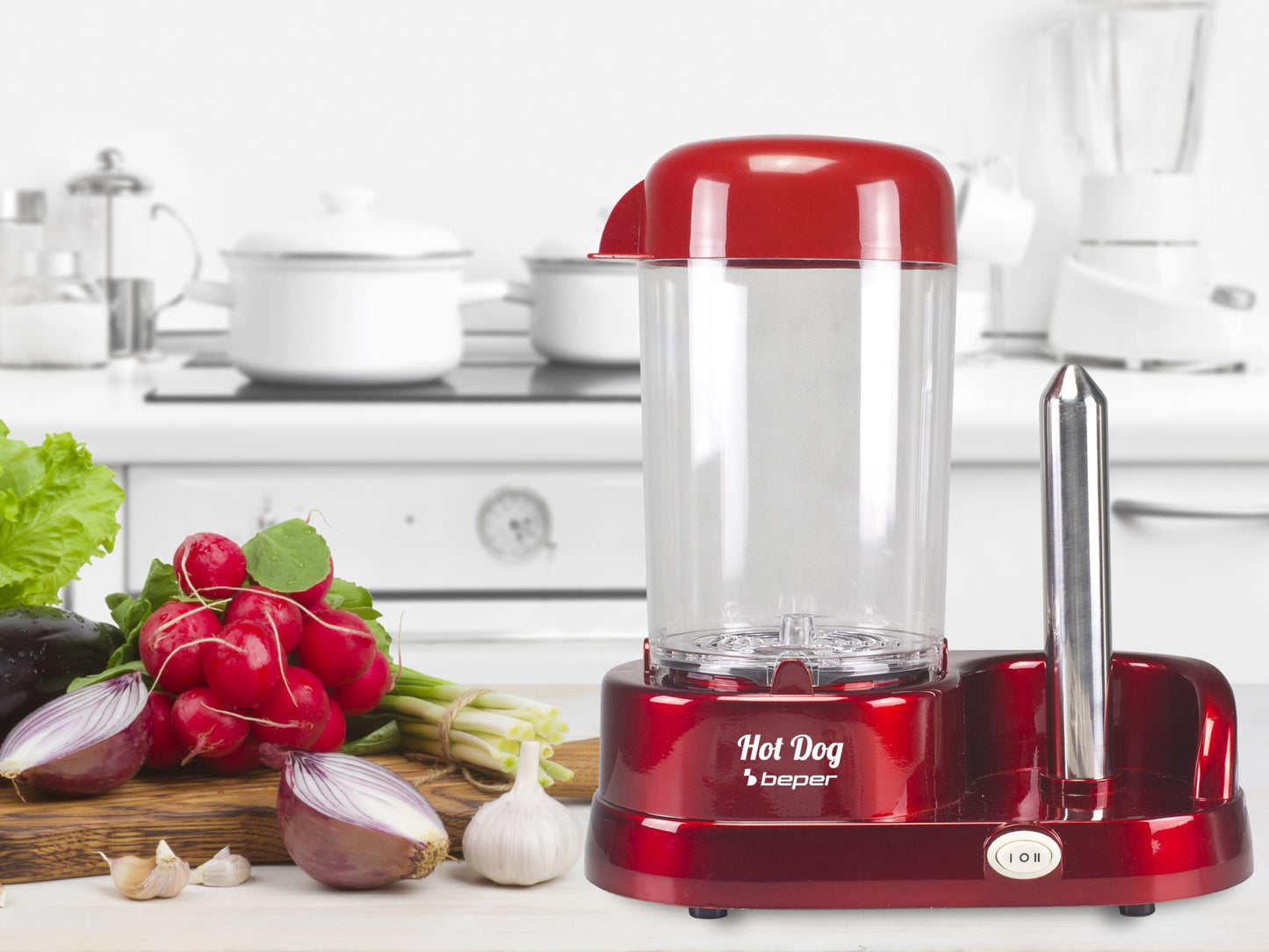 BEPER BT.150Y Hot Dog Maker mit 5 Kochstufen - Hot Dog Maschine im Vintage Design, Rot, 750 W