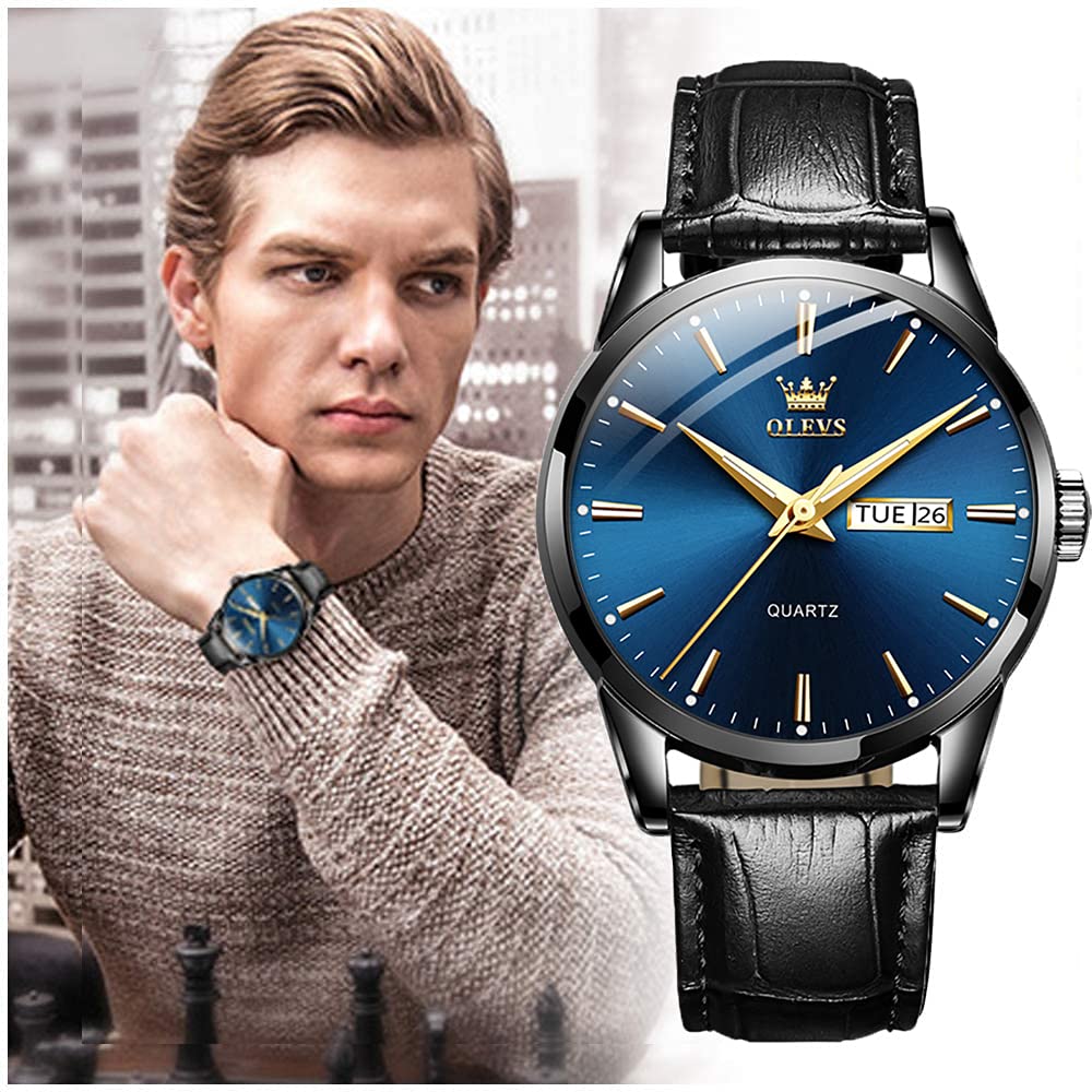 OLEVS Herrenuhren Braune Schwarz Lederarmband Quarz Uhr Männer mit Wochentag Datum Wasserdicht Leuchtende Klassische Elegantes Armbanduhr Geschenk