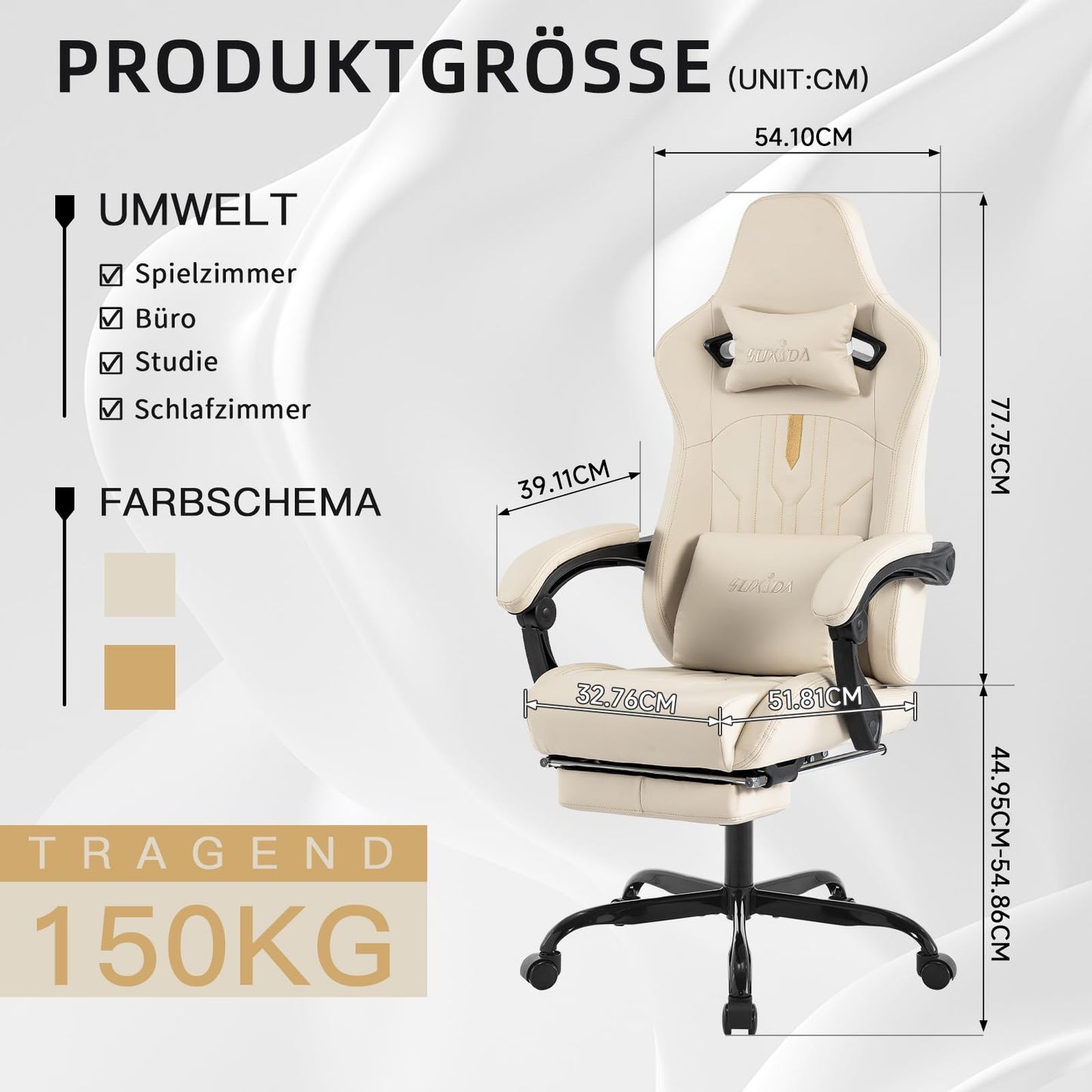 SUKIDA Gaming Stuhl Computerstuhl Ergonomischer Gaming Chair mit Fußstütze Bürostuhl Ergonomischer Computerstuhl mit Lendenwirbelstütze Schwarz