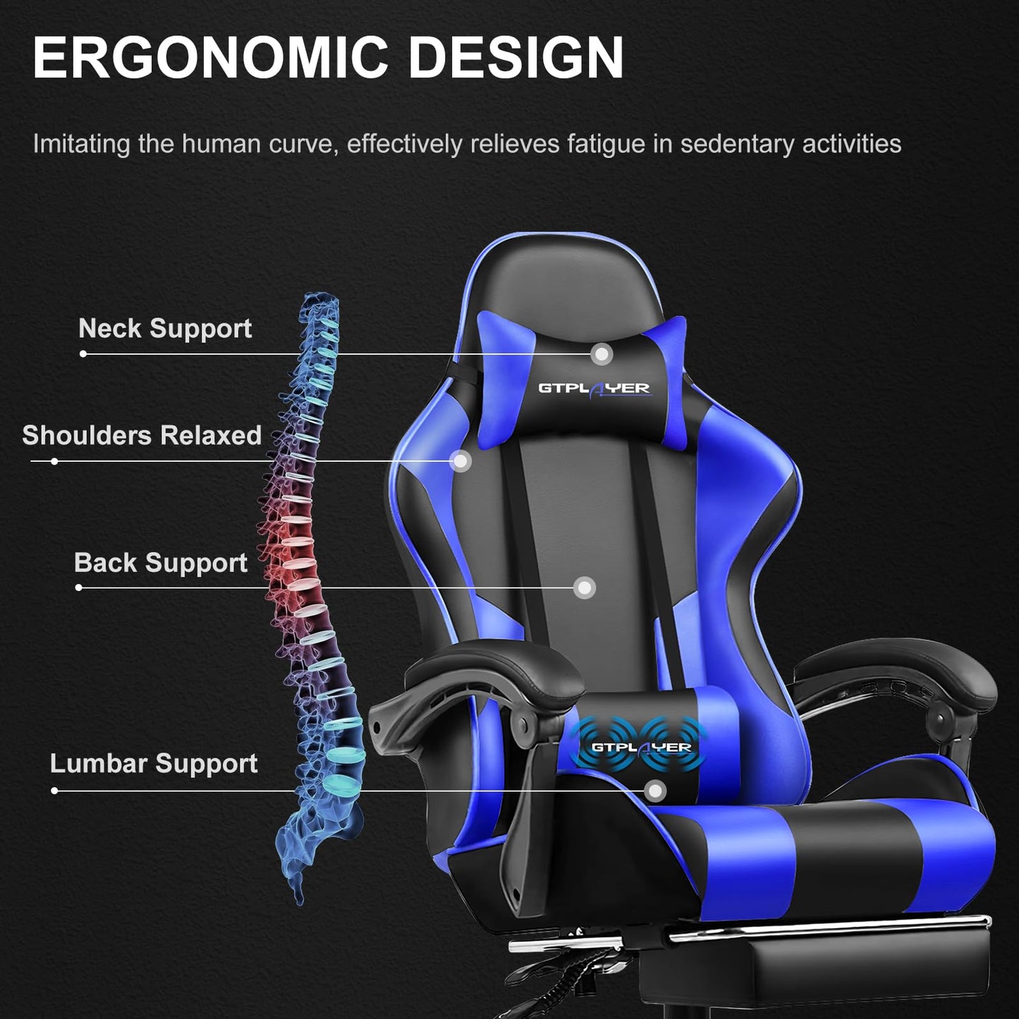 GTPLAYER Office Chair Gaming Chair Massage Gaming Armchair Ergonomic Gamer Chair with Footrest, Headrest Massage Lumbar Cushion, Padded Gaming Chair, Swivel Chair White