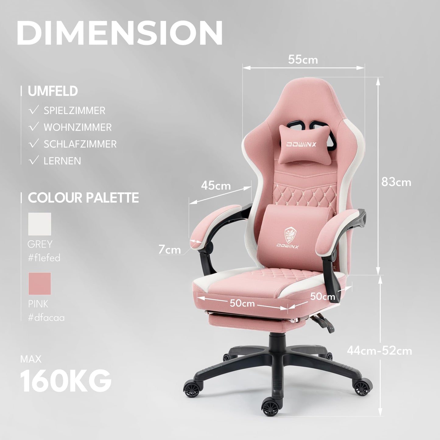 Dowinx Gaming Chair Fabric with Gel Pad, Massage Gaming Chair with Footrest, Ergonomic PC Chair, Gamer Chair with Storage Bag, Office Chair, 150 kg Load Capacity, Grey